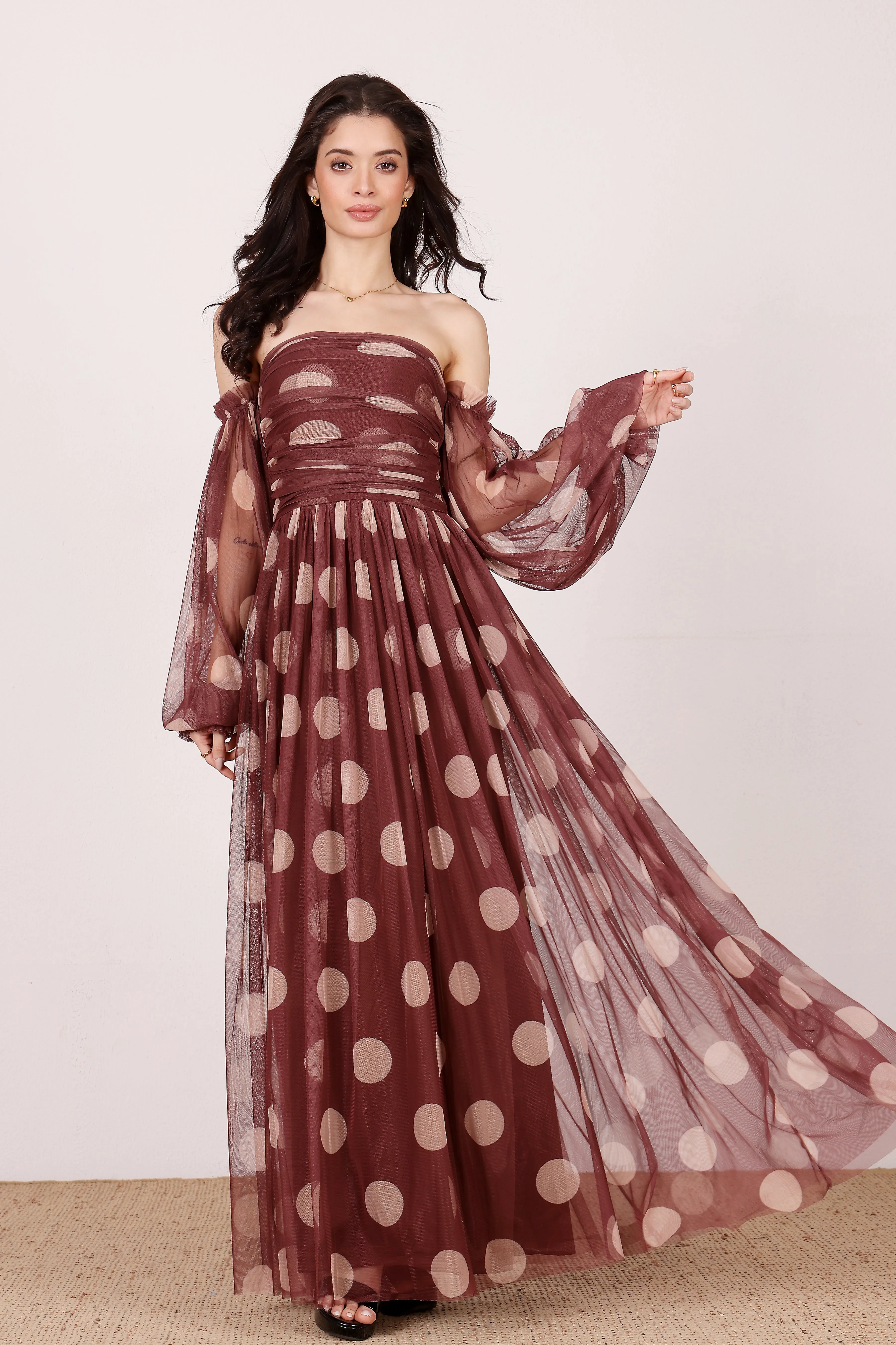 Lana Maxi Dress in Mahogany Brown and Beige Polka Dot sold by Lace & Beads product image thumbnail 4