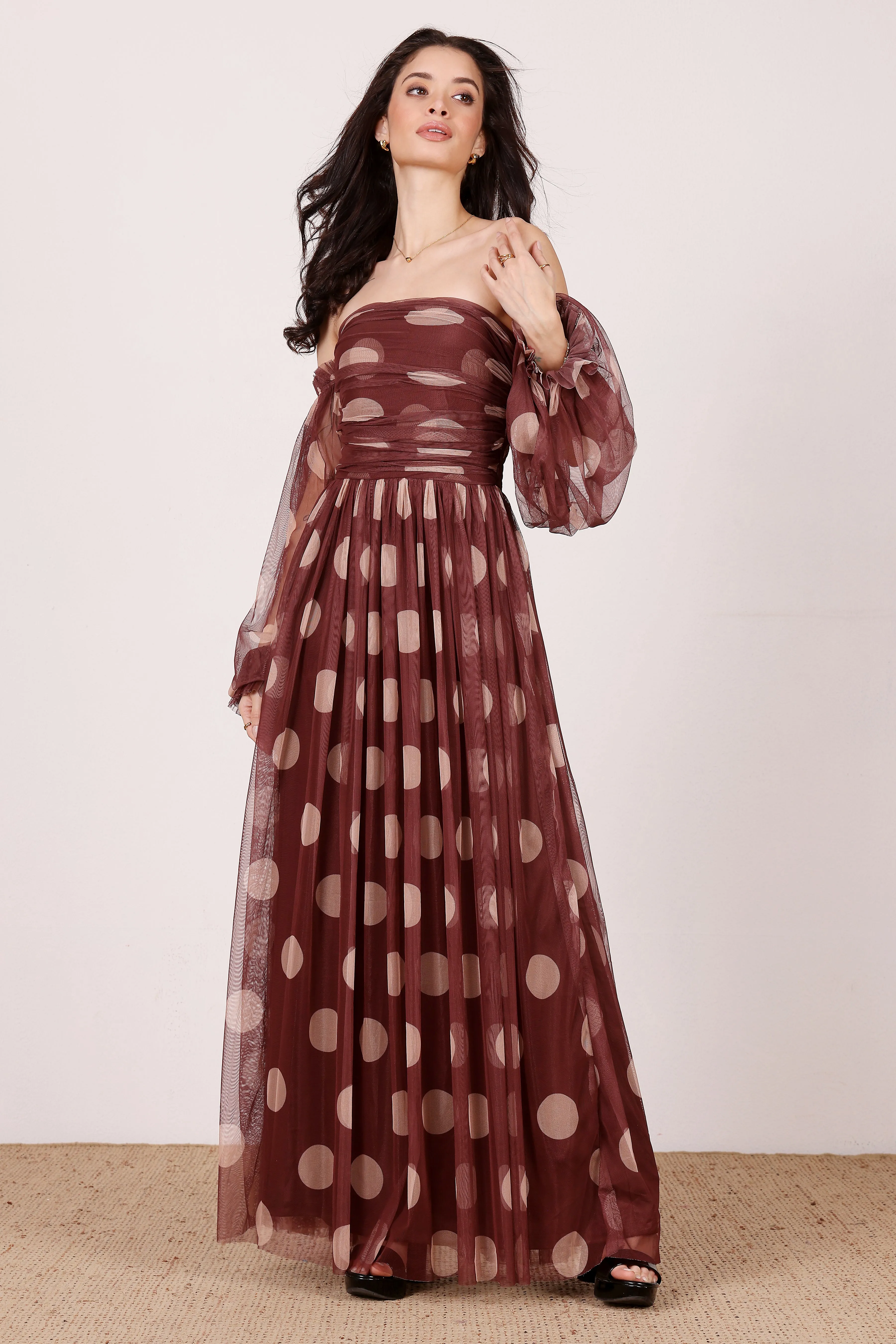 Lana Maxi Dress in Mahogany Brown and Beige Polka Dot sold by Lace & Beads product image thumbnail 5