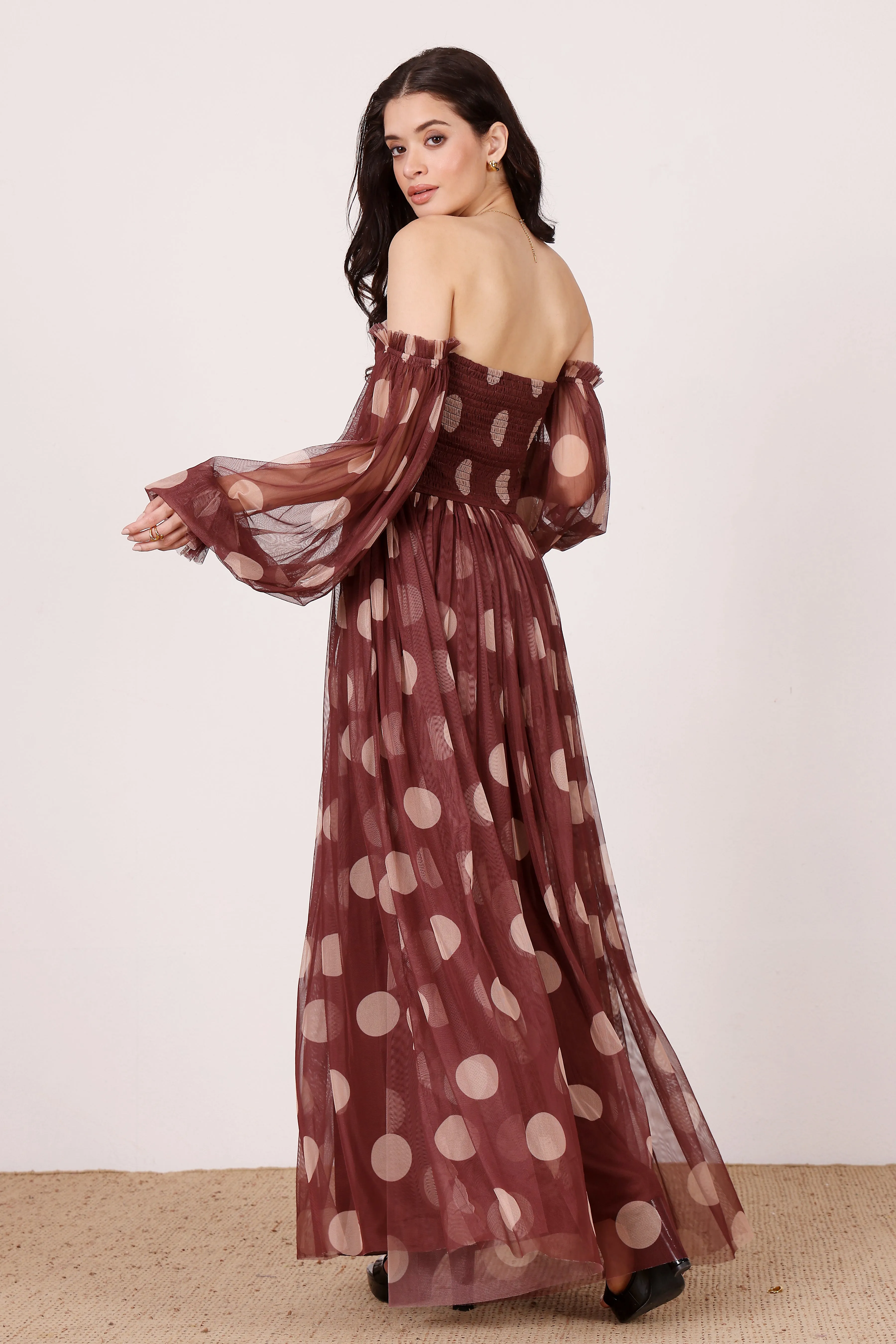 Lana Maxi Dress in Mahogany Brown and Beige Polka Dot sold by Lace & Beads product image thumbnail 3