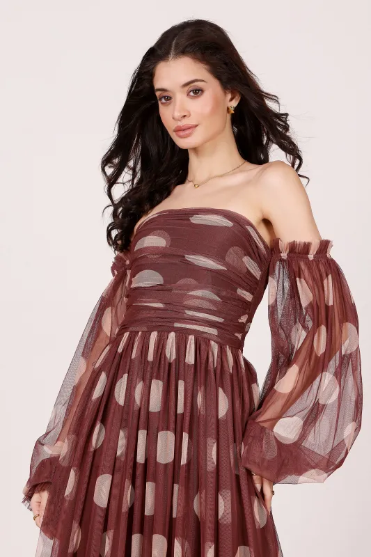 Lana Maxi Dress in Mahogany Brown and Beige Polka Dot sold by Lace & Beads