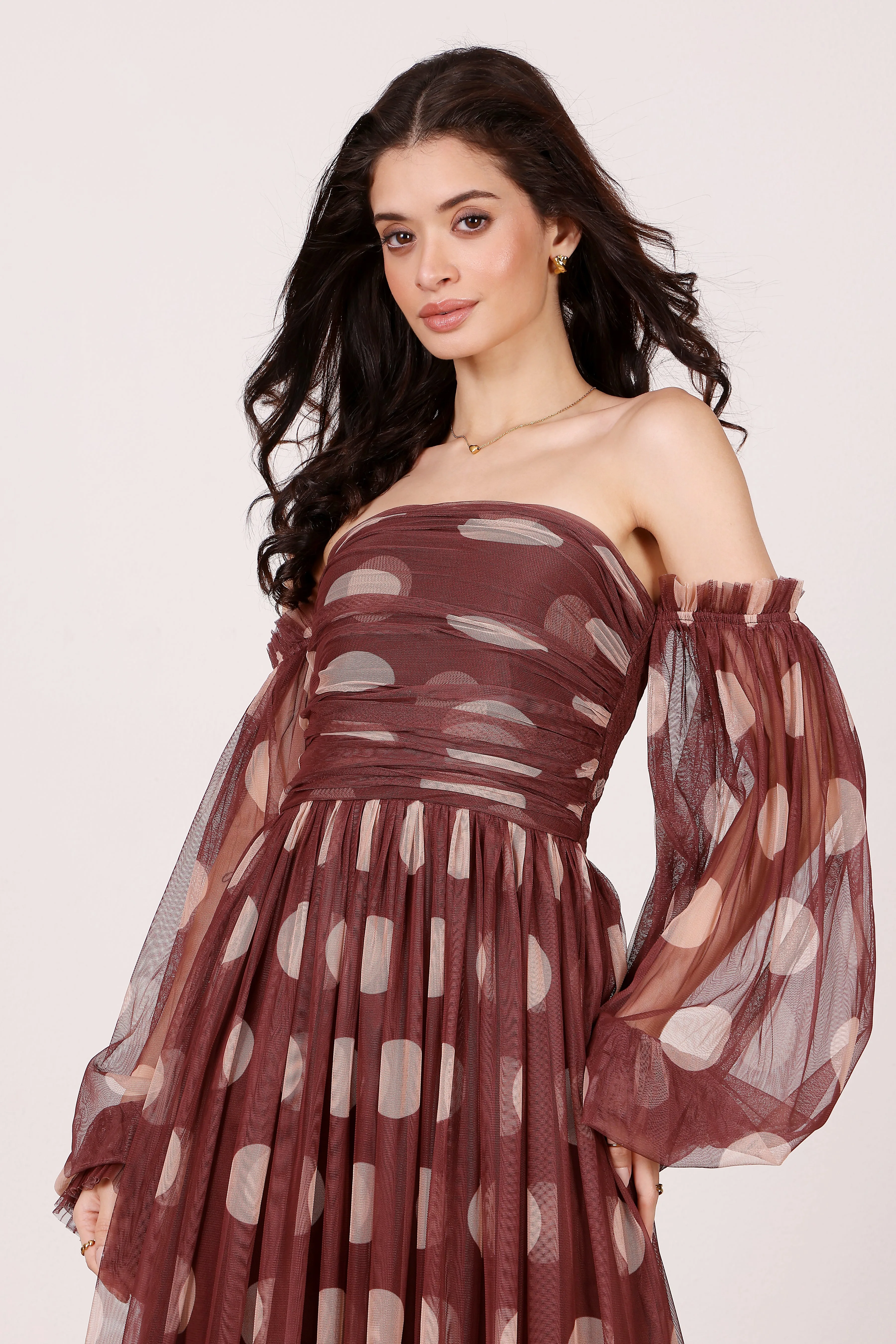 Lana Maxi Dress in Mahogany Brown and Beige Polka Dot sold by Lace & Beads