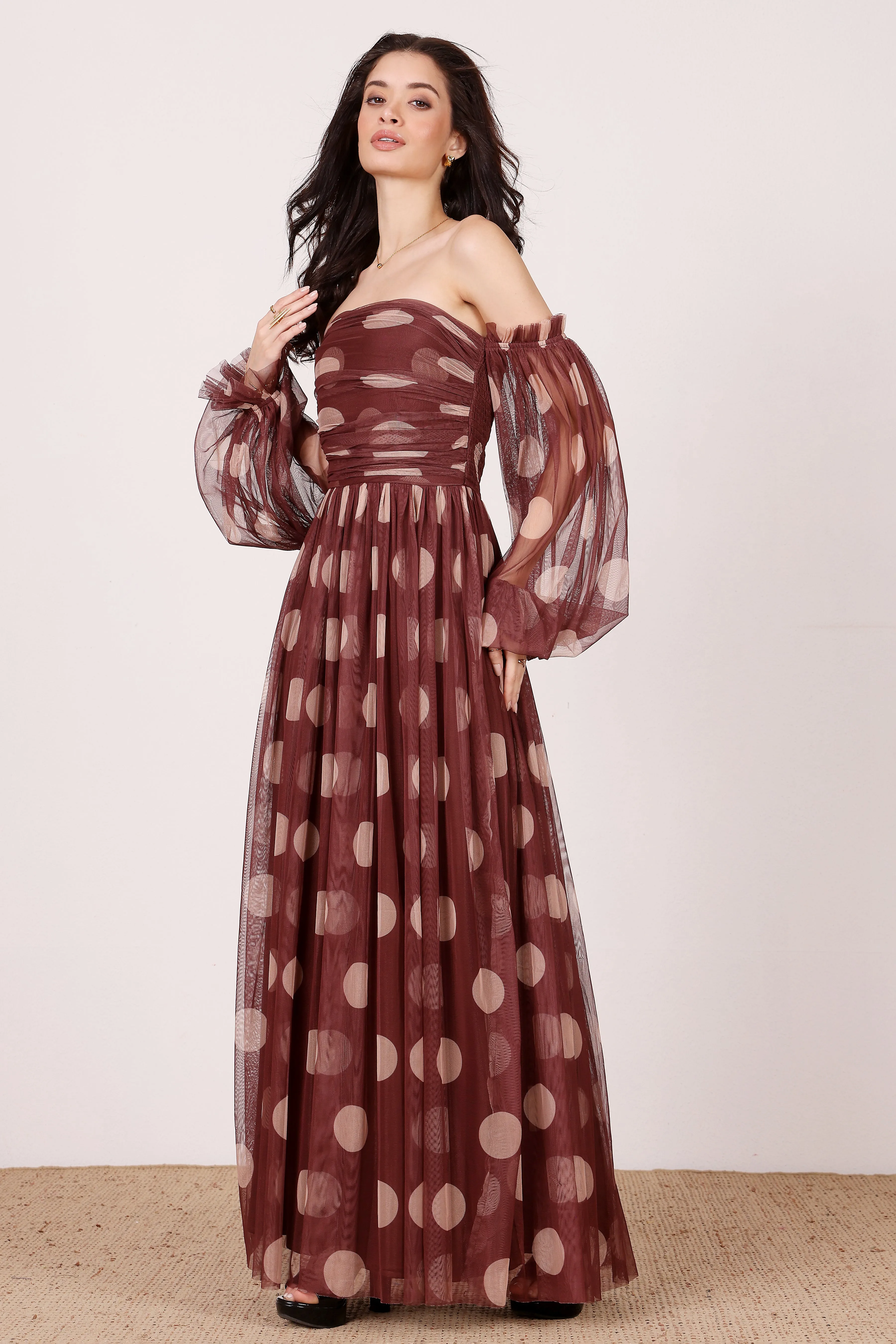 Lana Maxi Dress in Mahogany Brown and Beige Polka Dot sold by Lace & Beads product image thumbnail 2