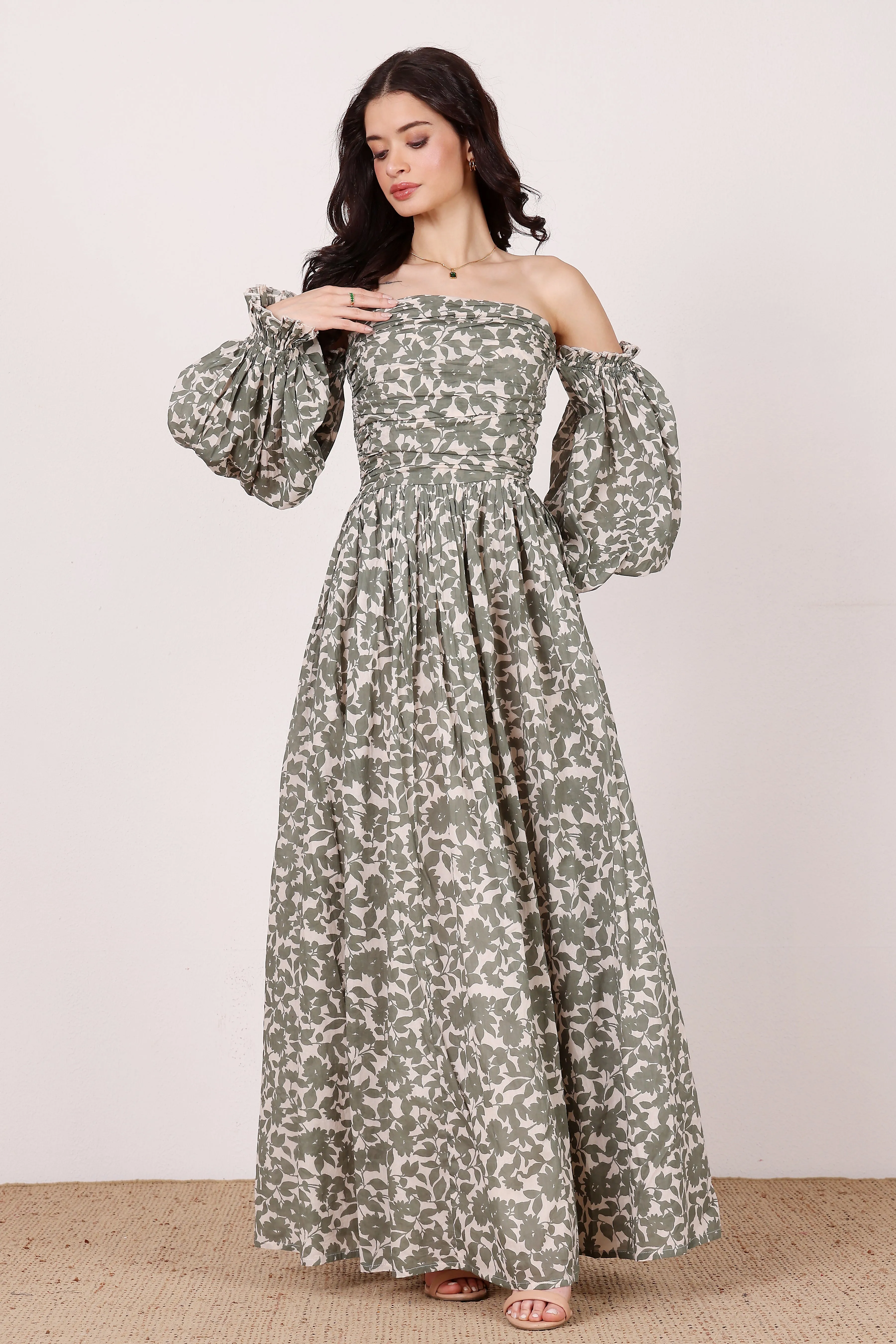 Lana Cotton Maxi Dress in Green Leaf Print sold by Lace & Beads product image thumbnail 3