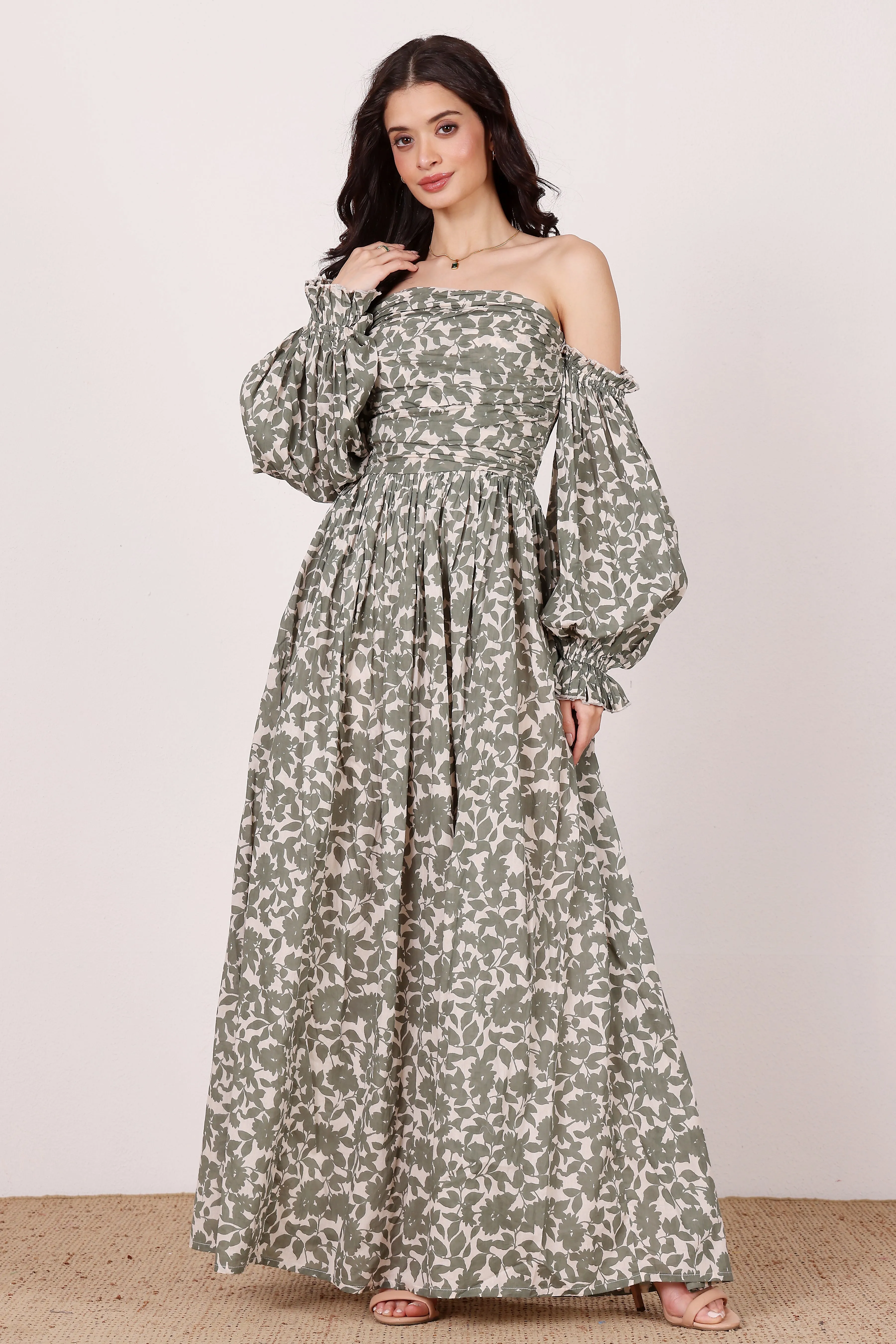Lana Cotton Maxi Dress in Green Leaf Print sold by Lace & Beads