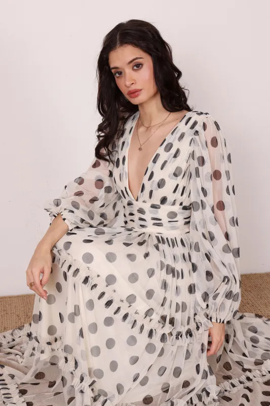 Lydia Maxi Dress in Cream and Black Polka Dot sold by Lace & Beads