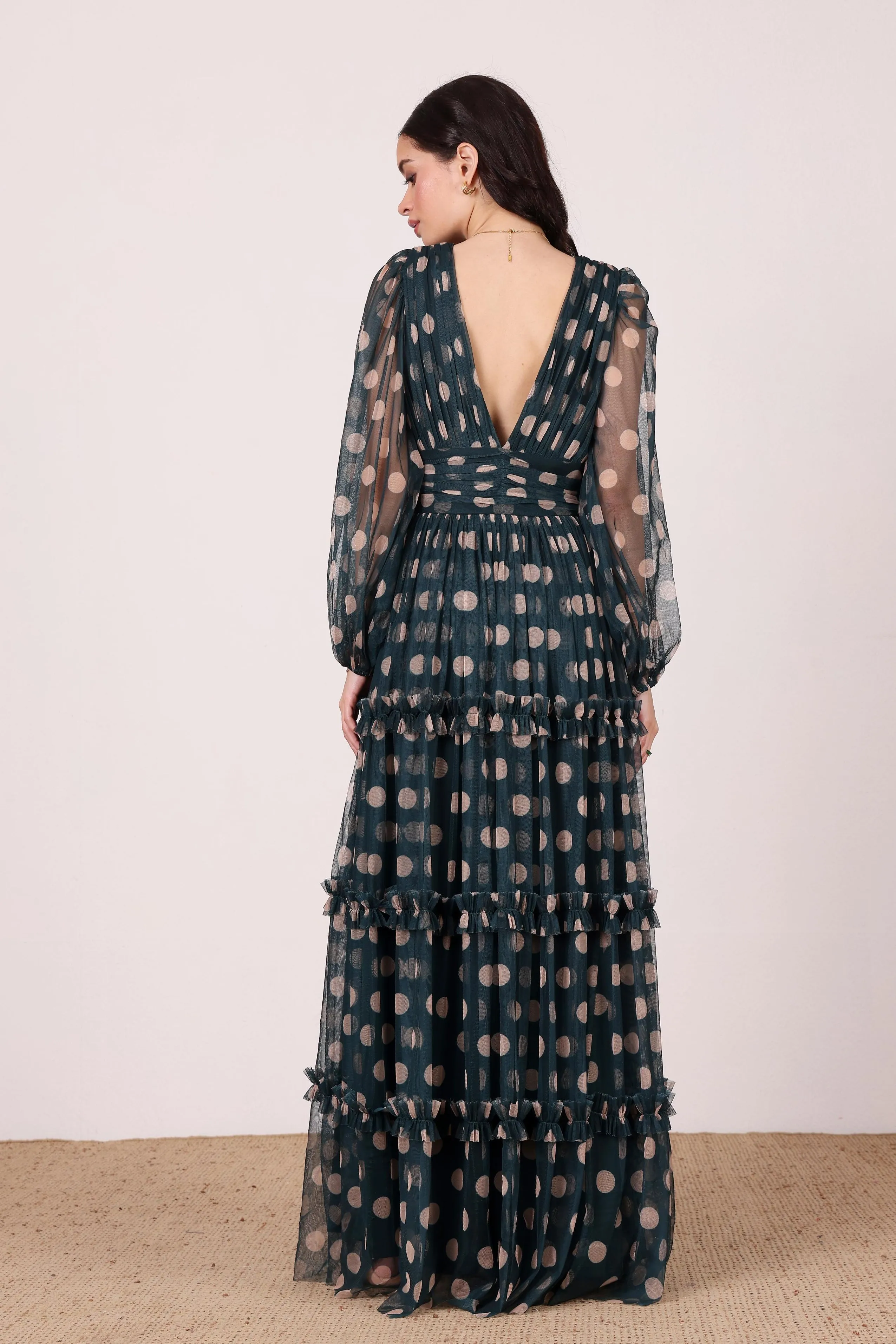 Lydia Maxi Dress in Emerald Green and Beige Polka Dot sold by Lace & Beads product image thumbnail 2