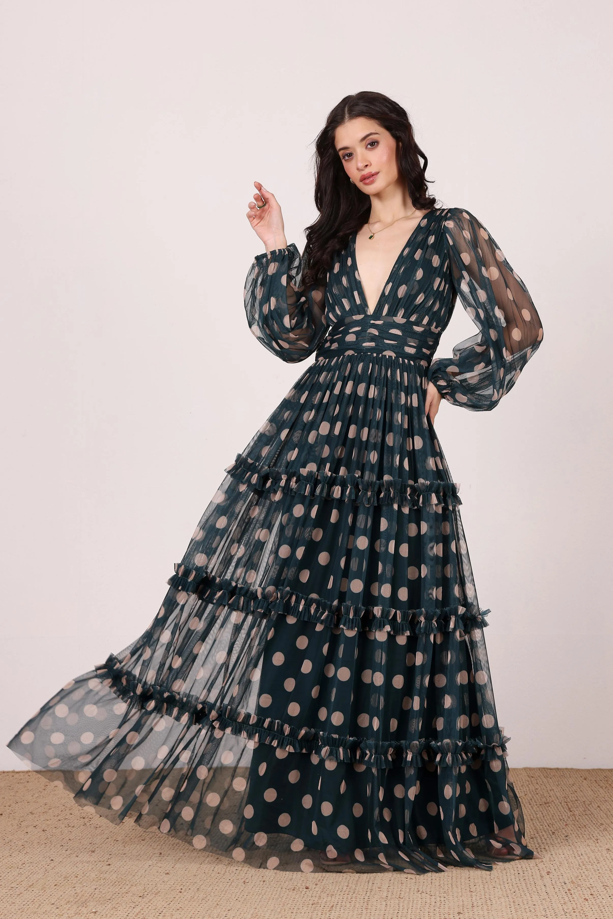 Lydia Maxi Dress in Emerald Green and Beige Polka Dot sold by Lace & Beads