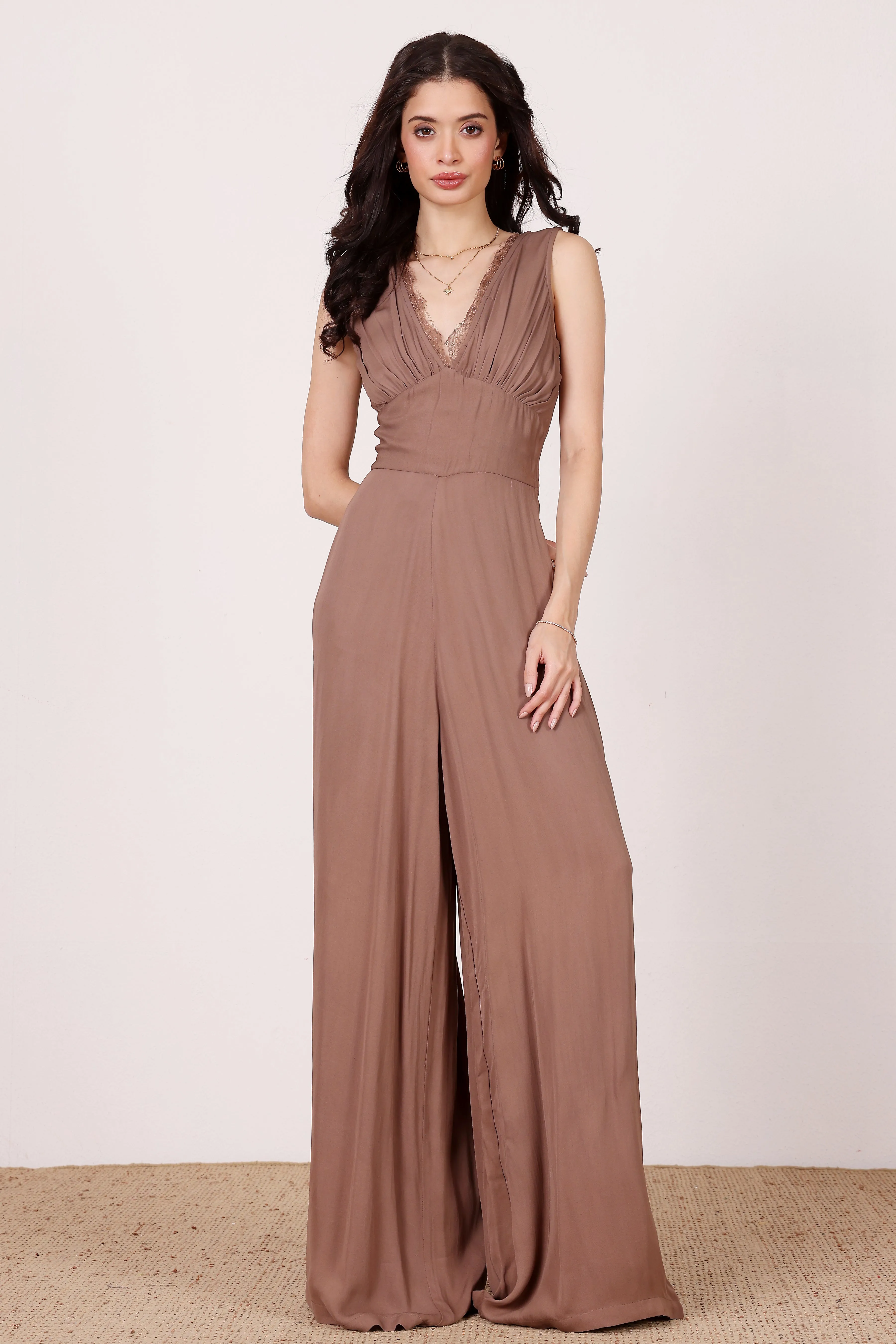 Ronnie Jumpsuit in Taupe with Lace Detail sold by Lace & Beads product image thumbnail 5