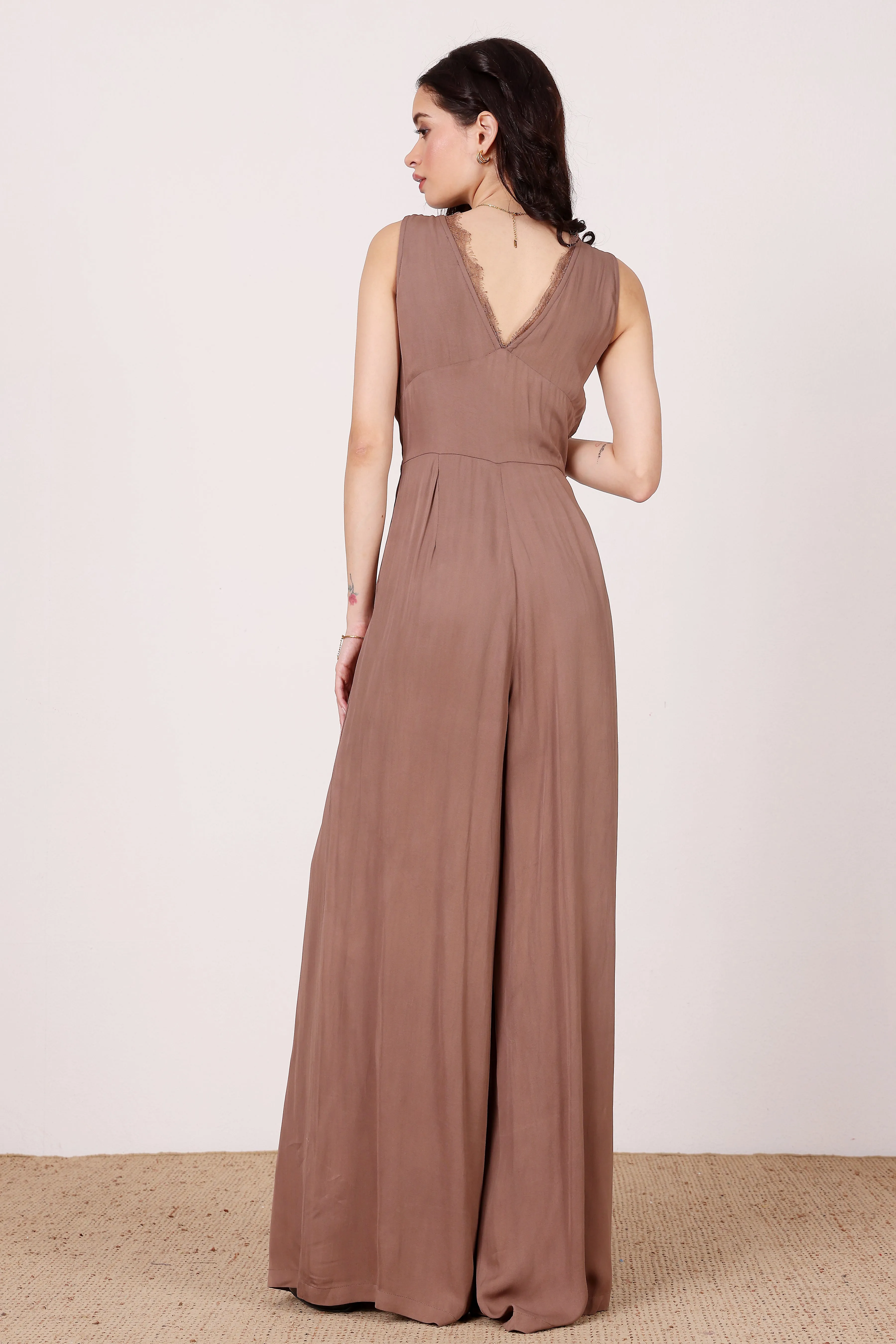 Ronnie Jumpsuit in Taupe with Lace Detail sold by Lace & Beads product image thumbnail 4