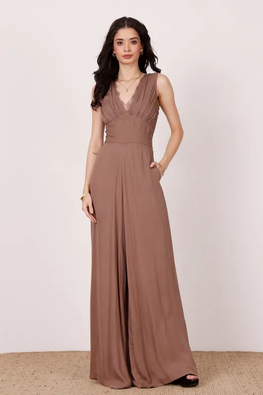 Ronnie Jumpsuit in Taupe with Lace Detail sold by Lace & Beads