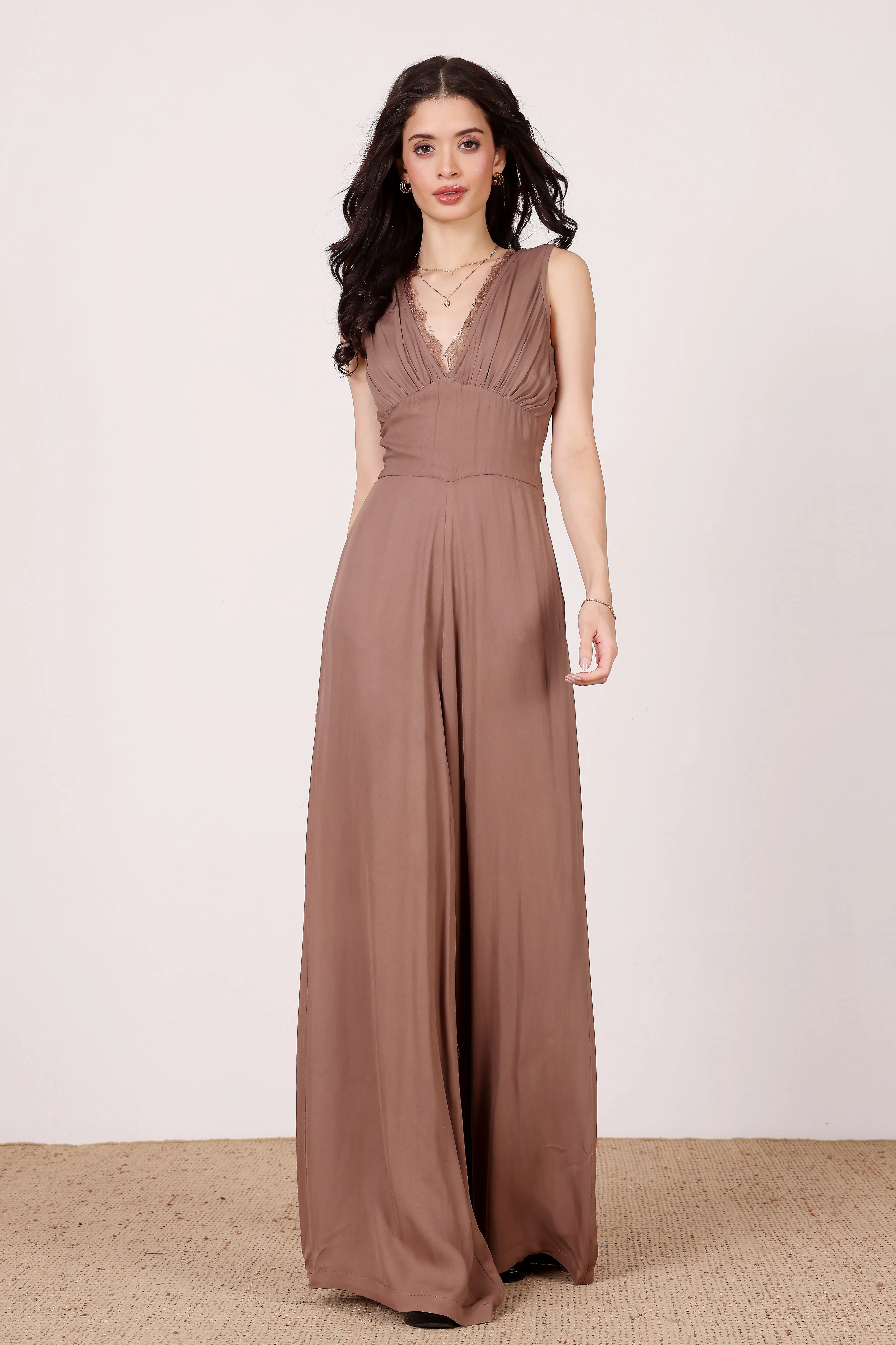 Ronnie Jumpsuit in Taupe with Lace Detail sold by Lace & Beads product image thumbnail 3