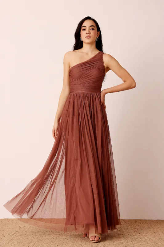 One Shoulder Tulle Maxi Dress in Rose Brown made by Lace & Beads