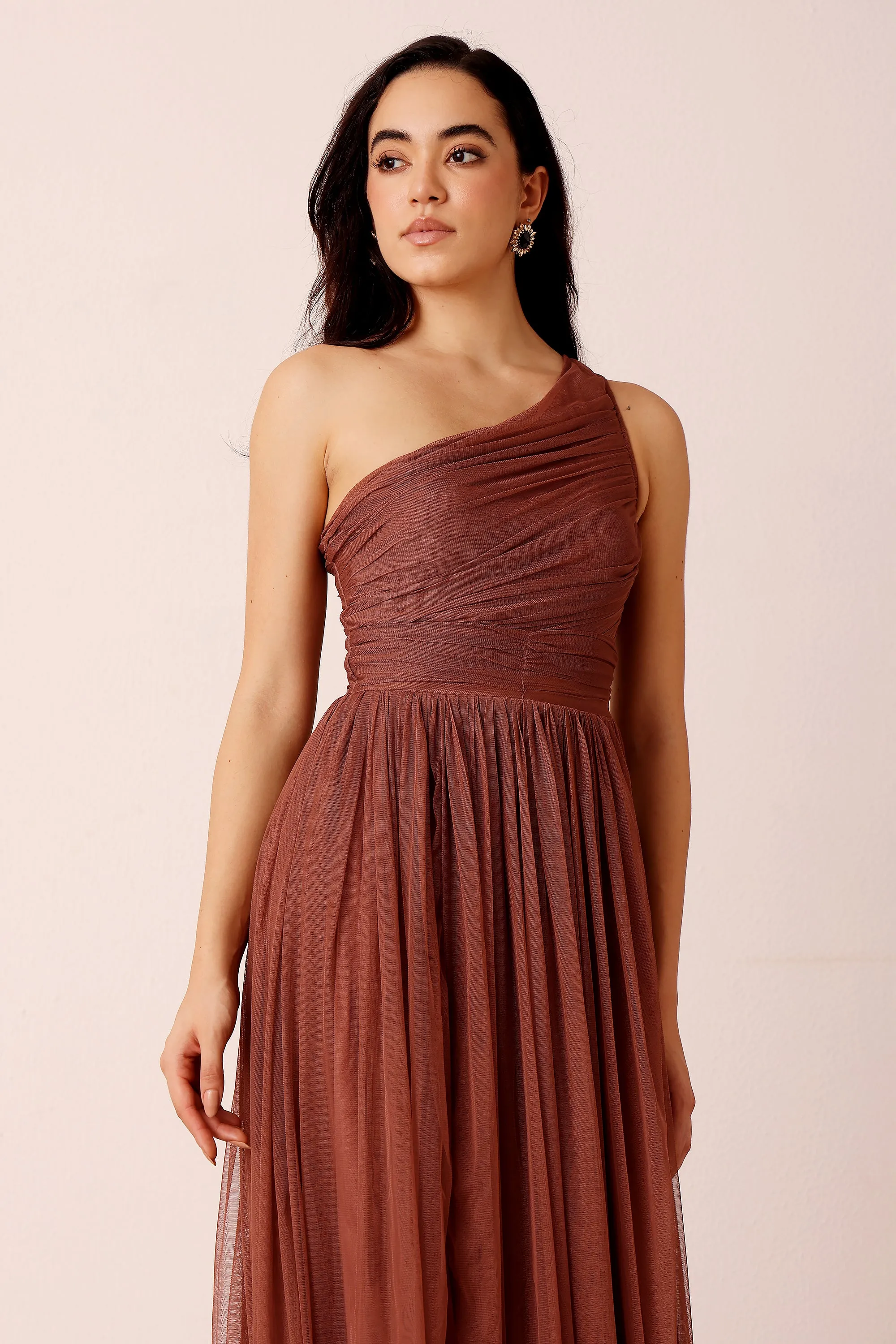 One Shoulder Tulle Maxi Dress in Rose Brown sold by Lace & Beads product image thumbnail 3