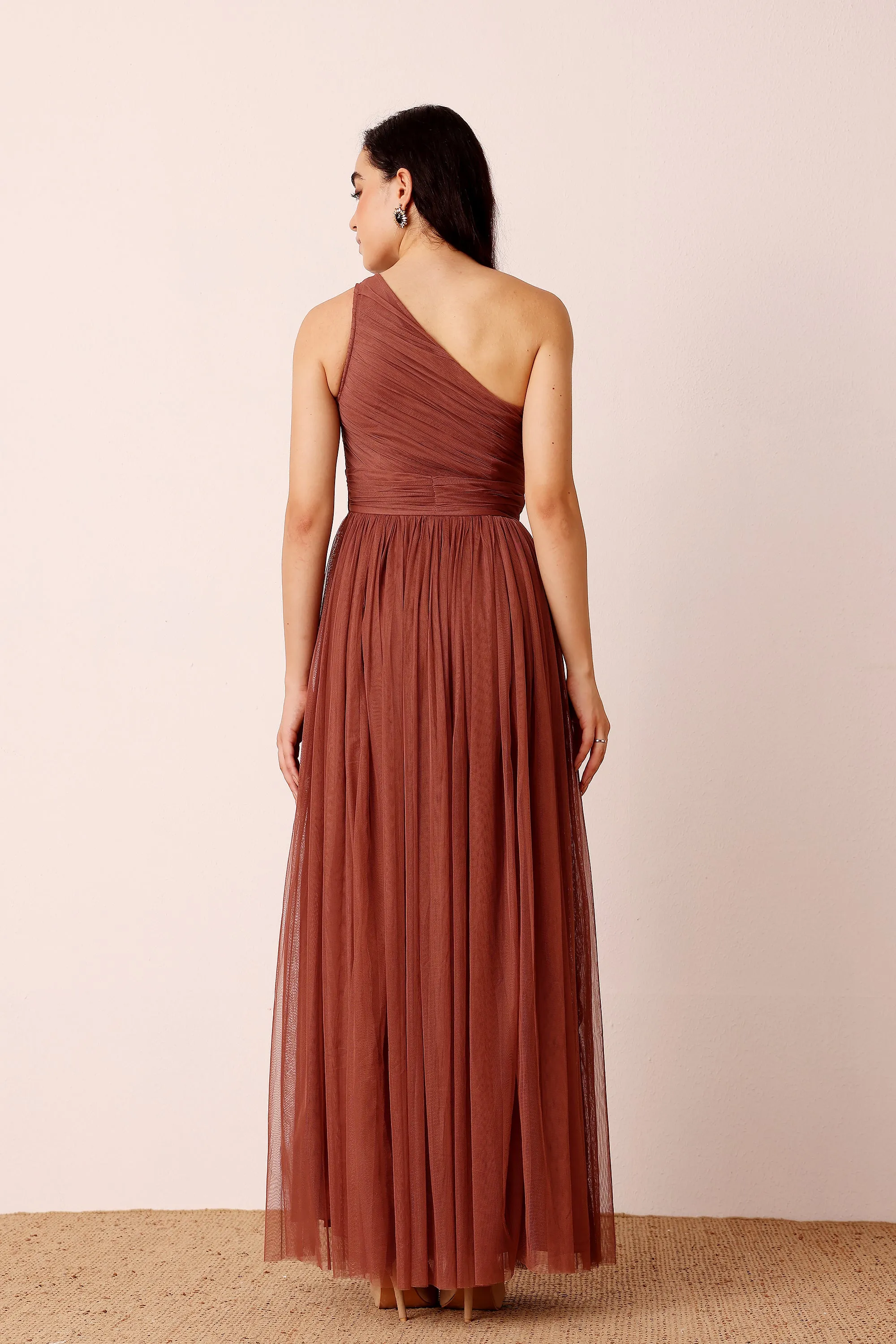 One Shoulder Tulle Maxi Dress in Rose Brown sold by Lace & Beads product image thumbnail 4