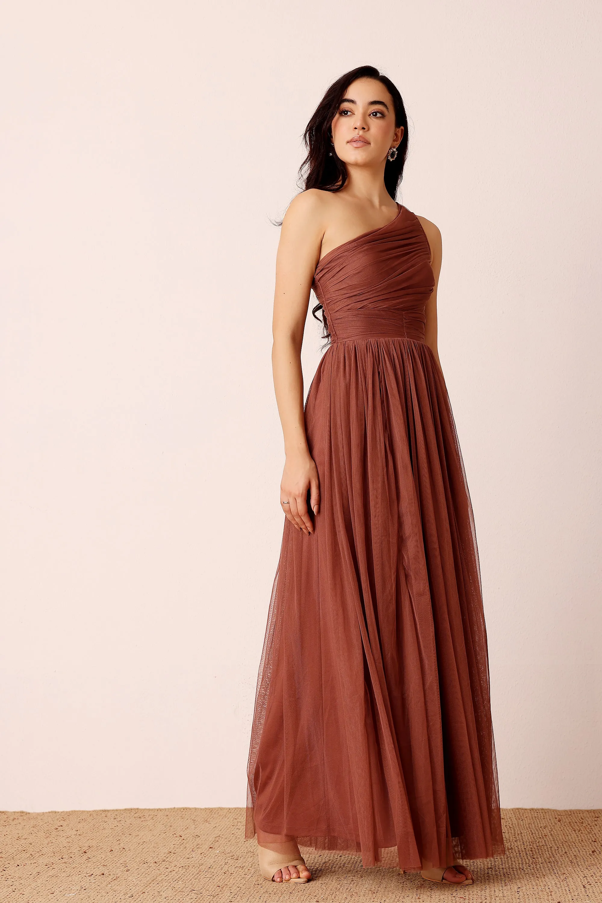 One Shoulder Tulle Maxi Dress in Rose Brown sold by Lace & Beads product image thumbnail 5