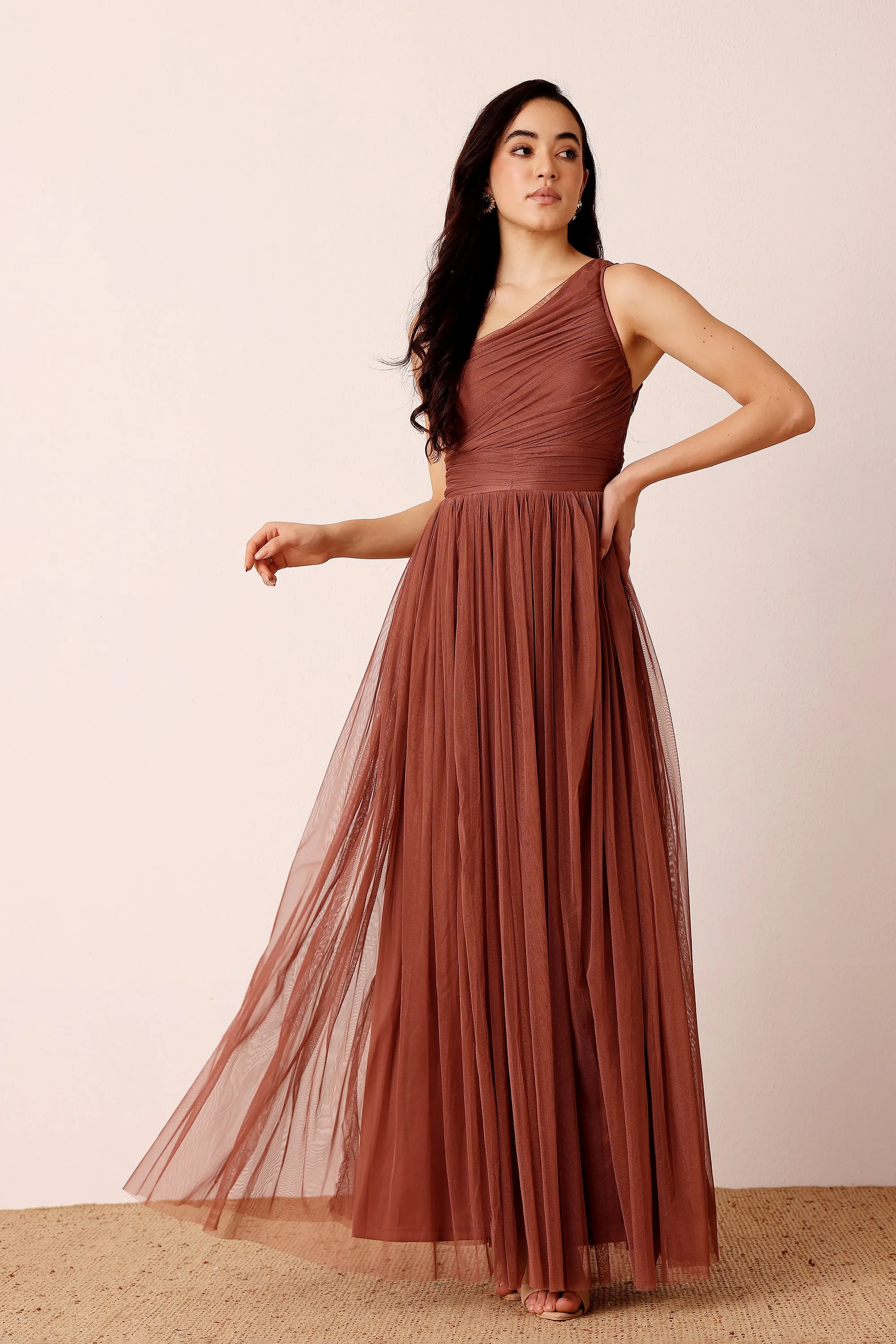 One Shoulder Tulle Maxi Dress in Rose Brown sold by Lace & Beads product image thumbnail 2
