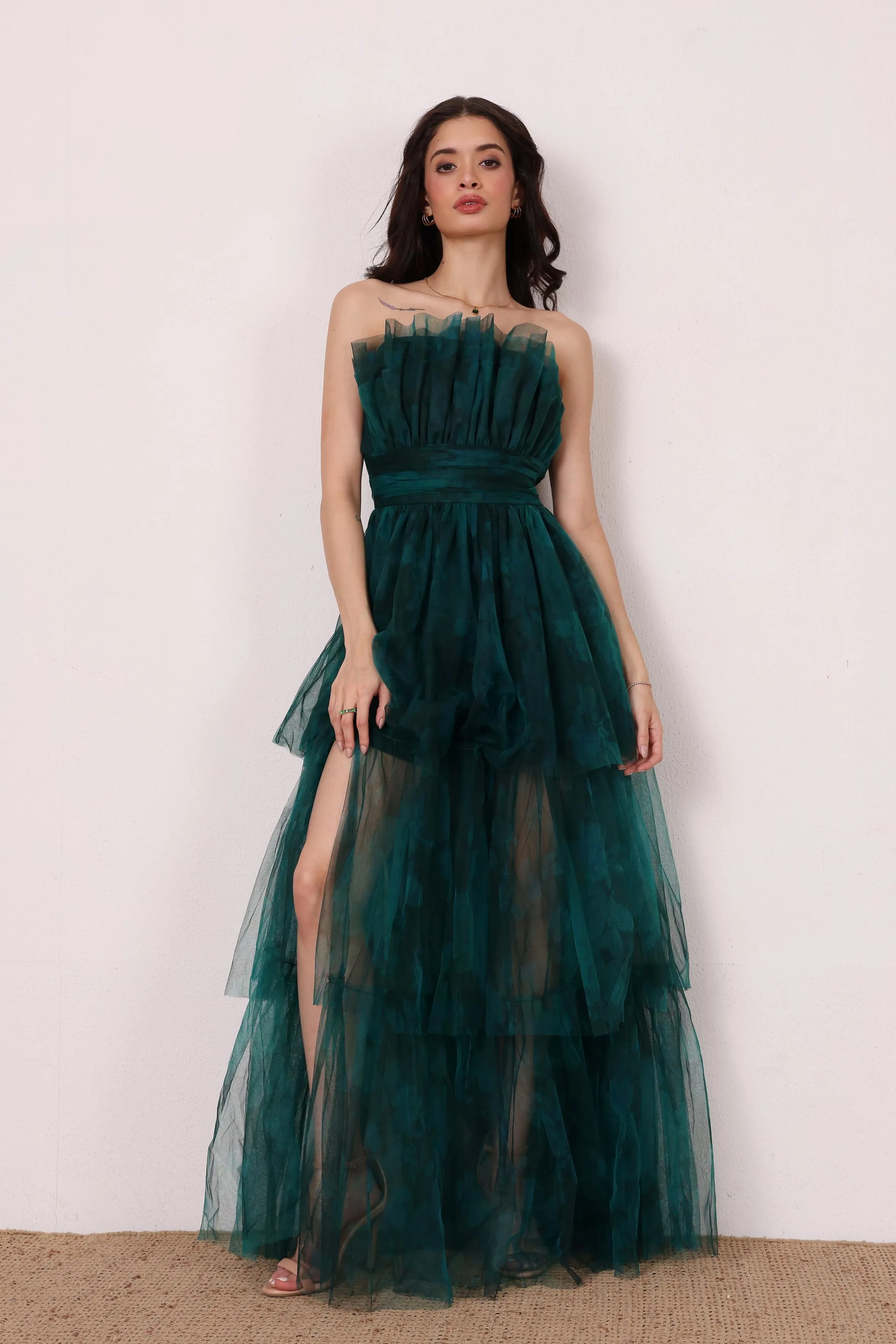 Natalia Tulle Maxi Dress in Jade Green Floral sold by Lace & Beads product image thumbnail 2