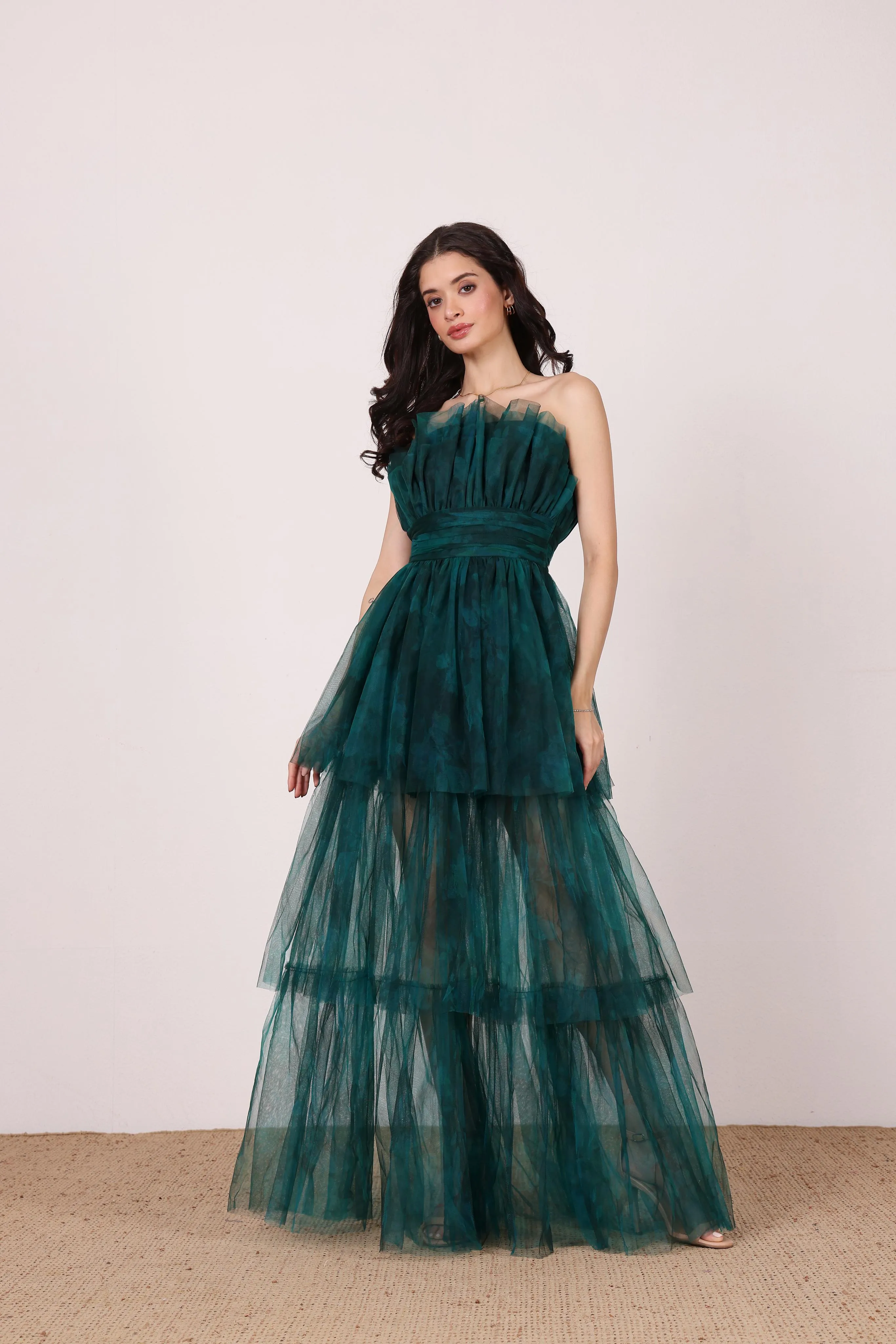 Natalia Tulle Maxi Dress in Jade Green Floral sold by Lace & Beads product image thumbnail 5