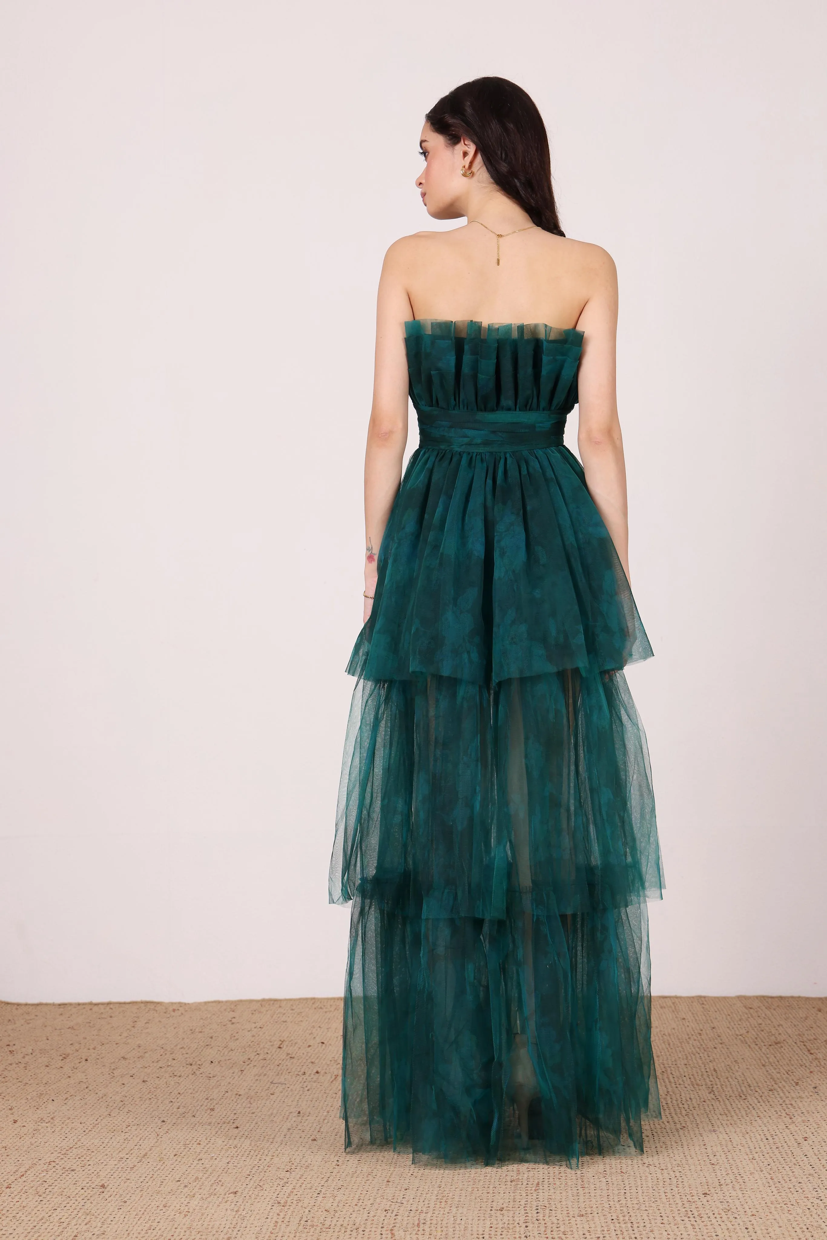 Natalia Tulle Maxi Dress in Jade Green Floral sold by Lace & Beads product image thumbnail 4