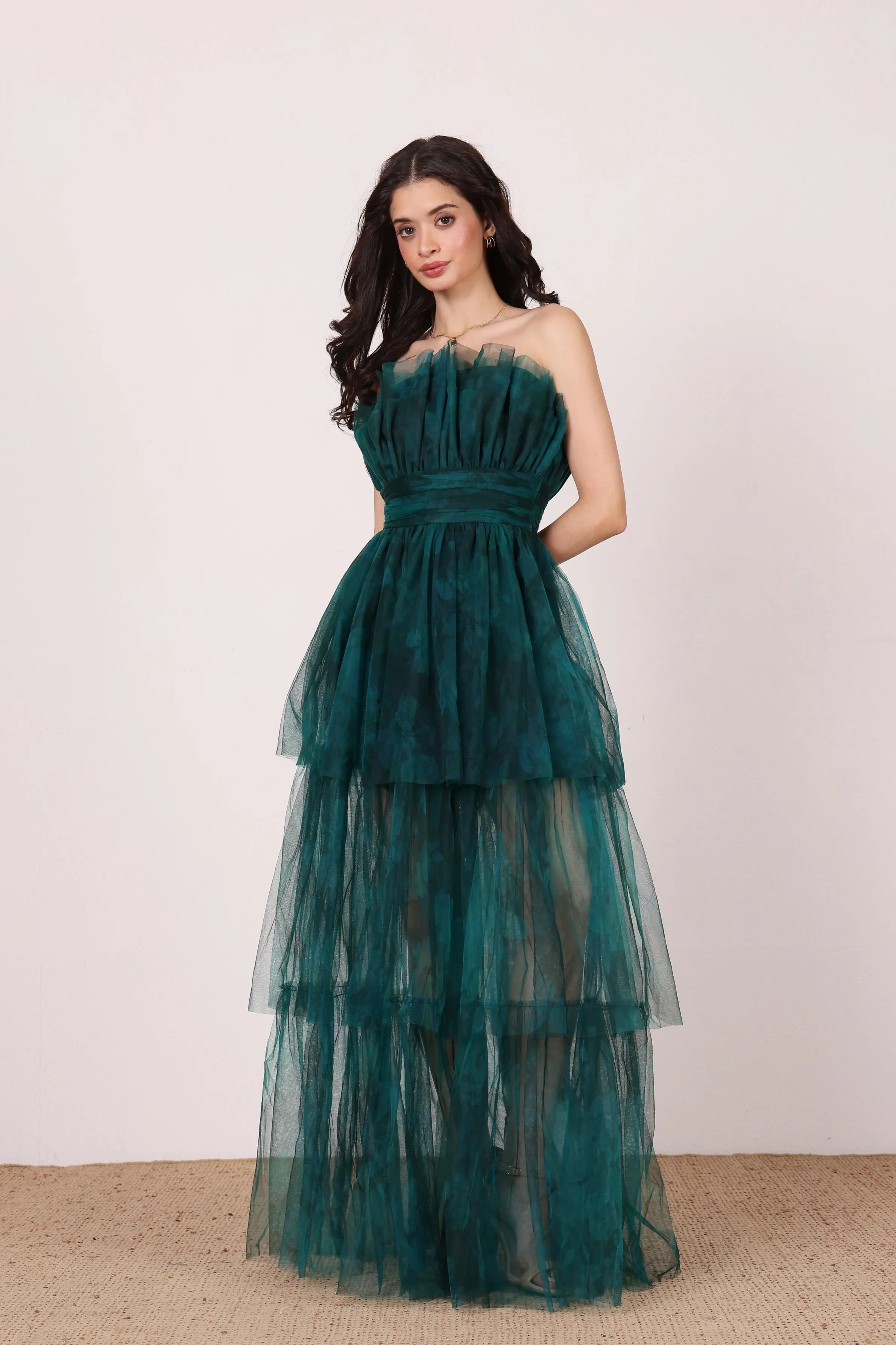 Natalia Tulle Maxi Dress in Jade Green Floral sold by Lace & Beads