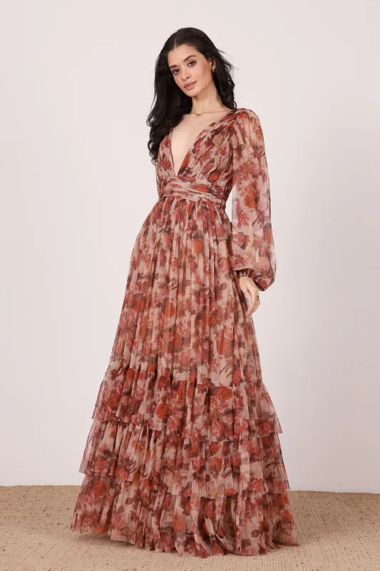 Long Sleeve Madison Maxi Dress in Rose Floral sold by Lace & Beads