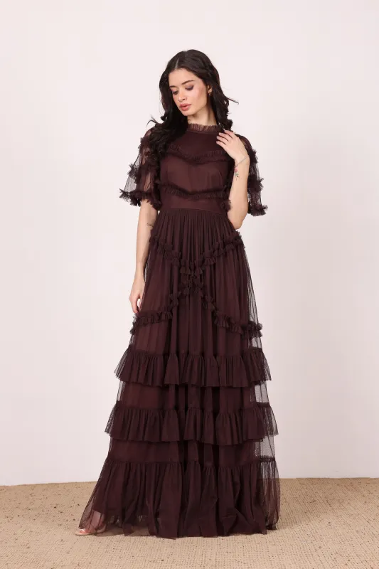 Florine Maxi Dress in Chocolate Plum sold by Lace & Beads