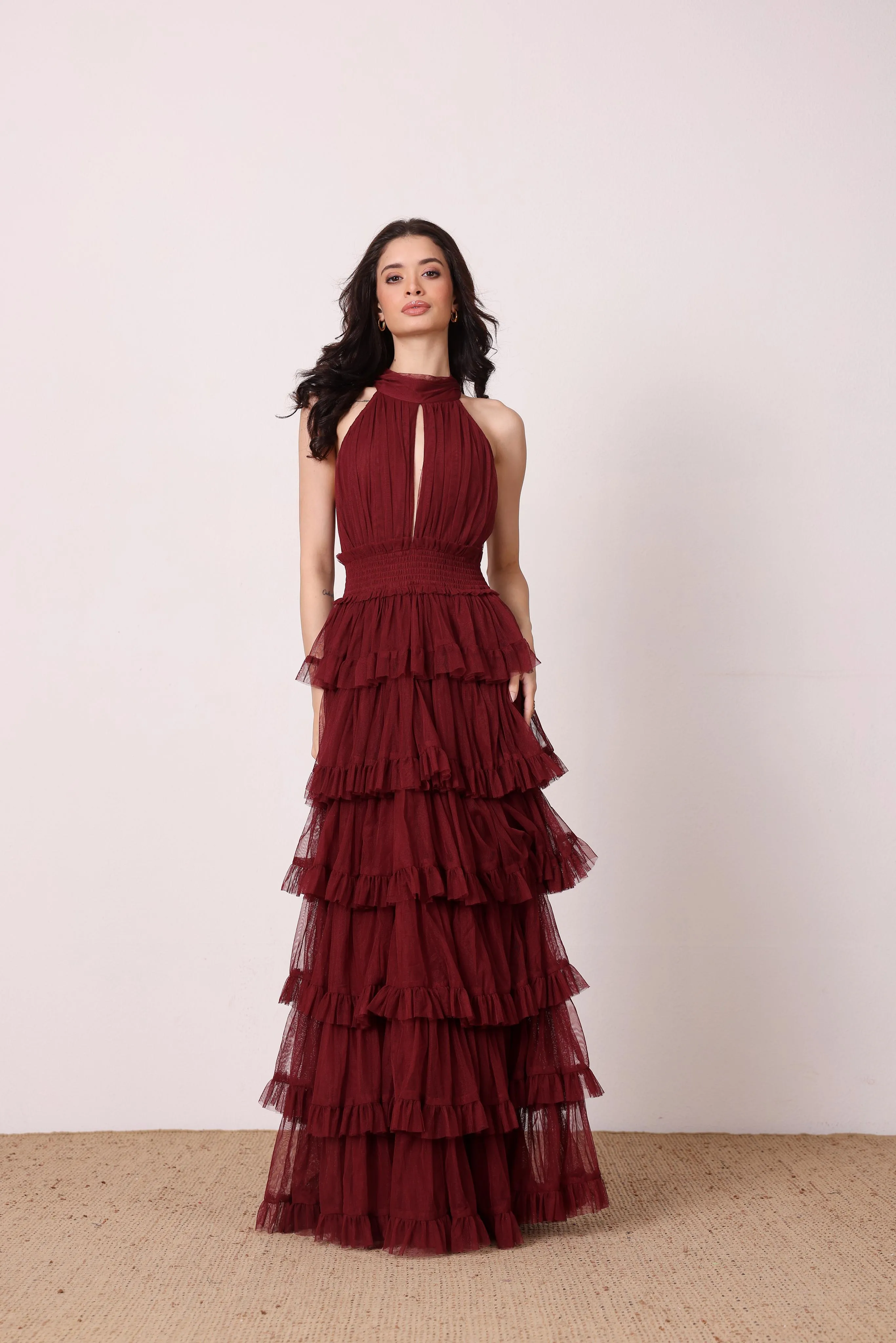 Lucerne Tulle High Neck Maxi Dress in Burgundy sold by Lace & Beads product image thumbnail 4
