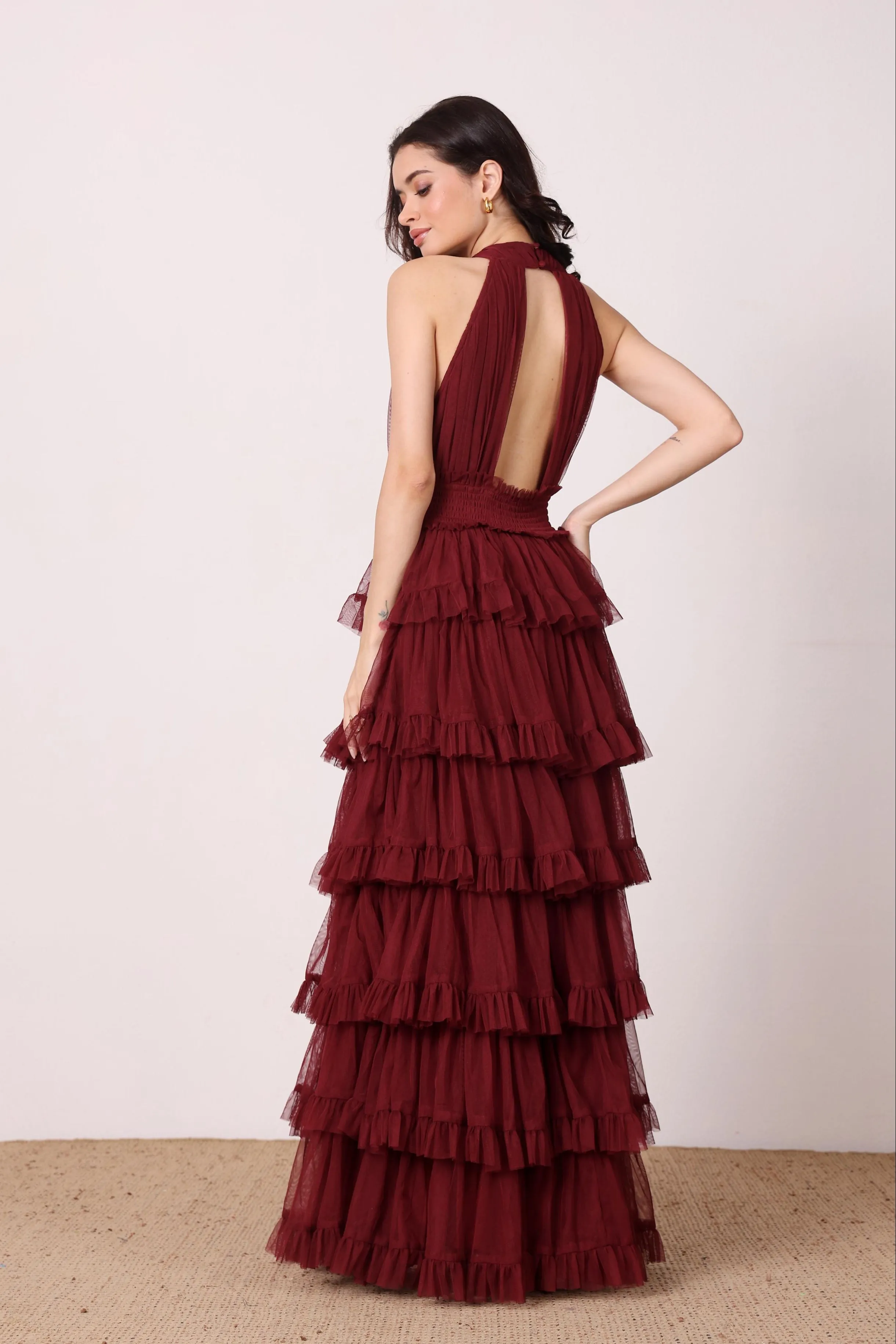 Lucerne Tulle High Neck Maxi Dress in Burgundy sold by Lace & Beads product image thumbnail 2