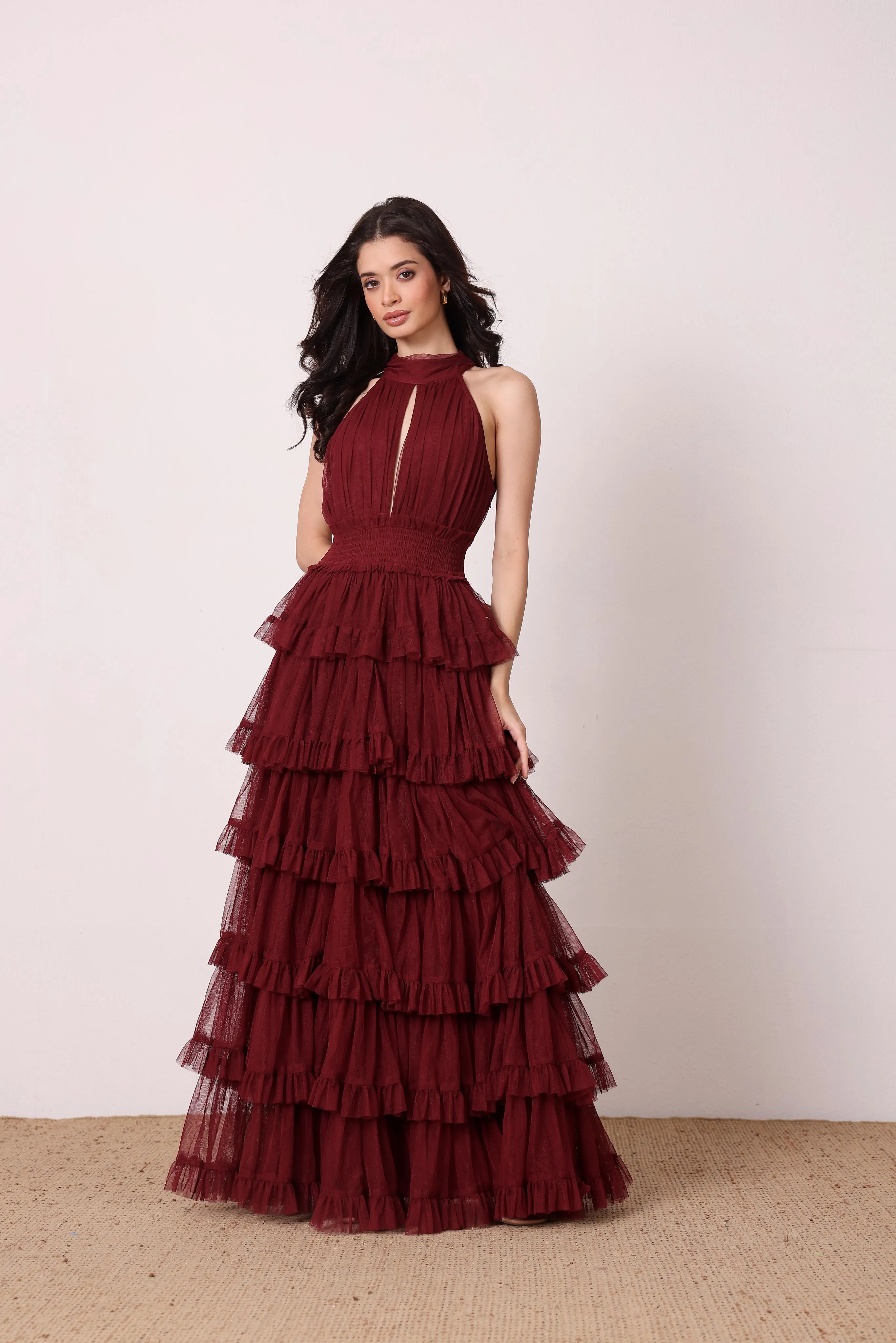 Lucerne Tulle High Neck Maxi Dress in Burgundy sold by Lace & Beads product image thumbnail 5