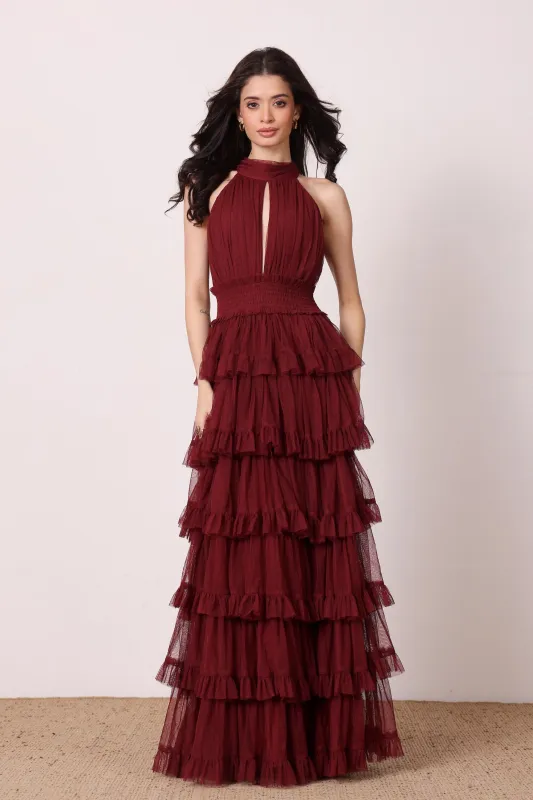 Lucerne High Neck Maxi Dress in Burgundy sold by Lace & Beads