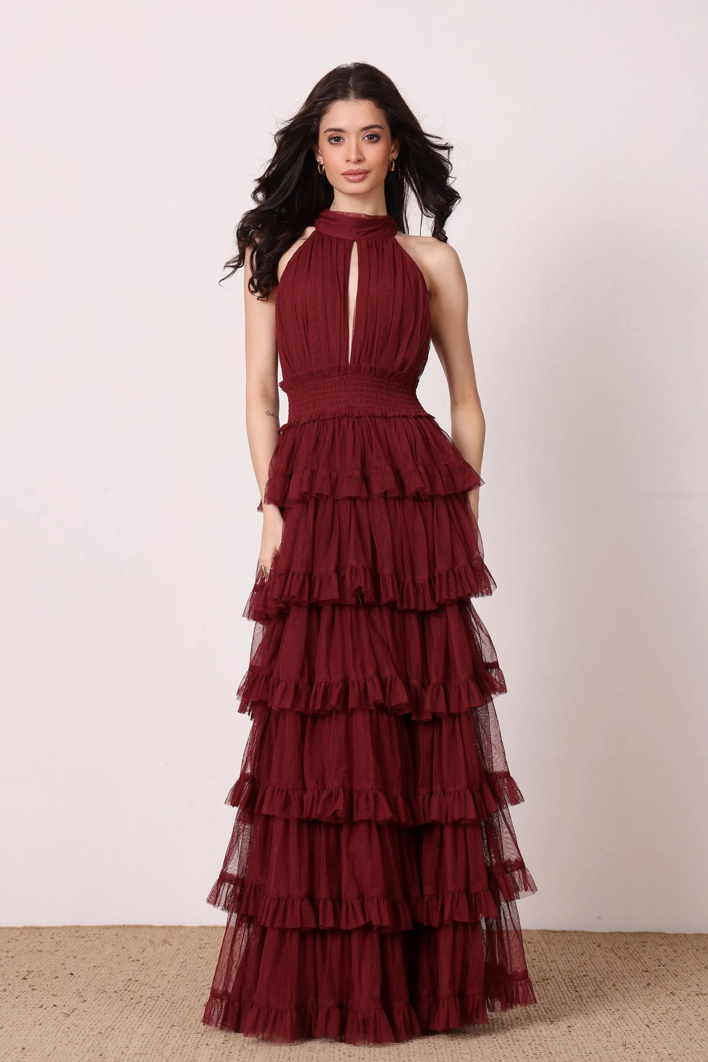 Lucerne Tulle High Neck Maxi Dress in Burgundy sold by Lace & Beads