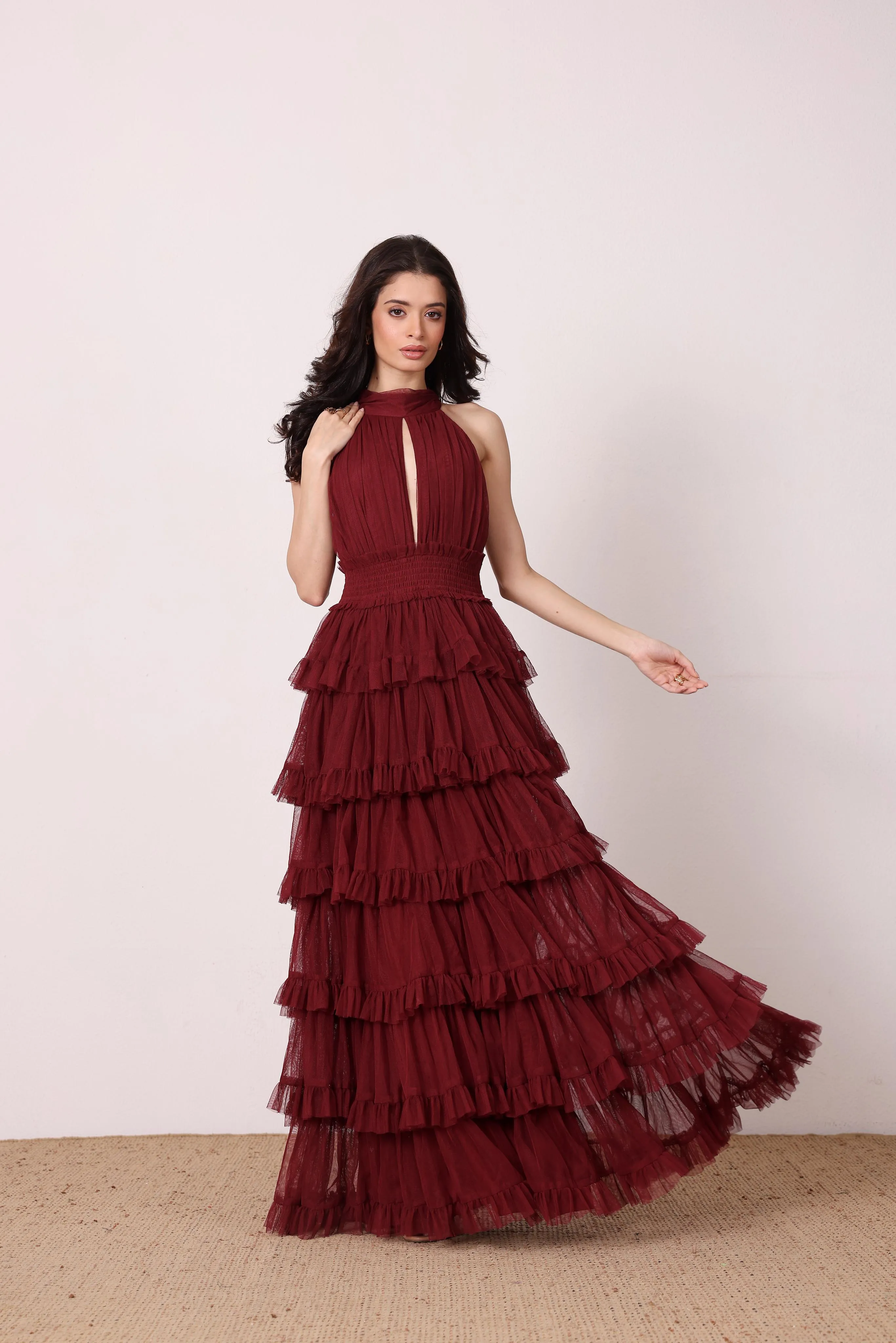 Lucerne Tulle High Neck Maxi Dress in Burgundy sold by Lace & Beads product image thumbnail 3