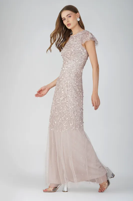 Larissa Short Sleeve Embellished Maxi Dress in Mink sold by Lace & Beads