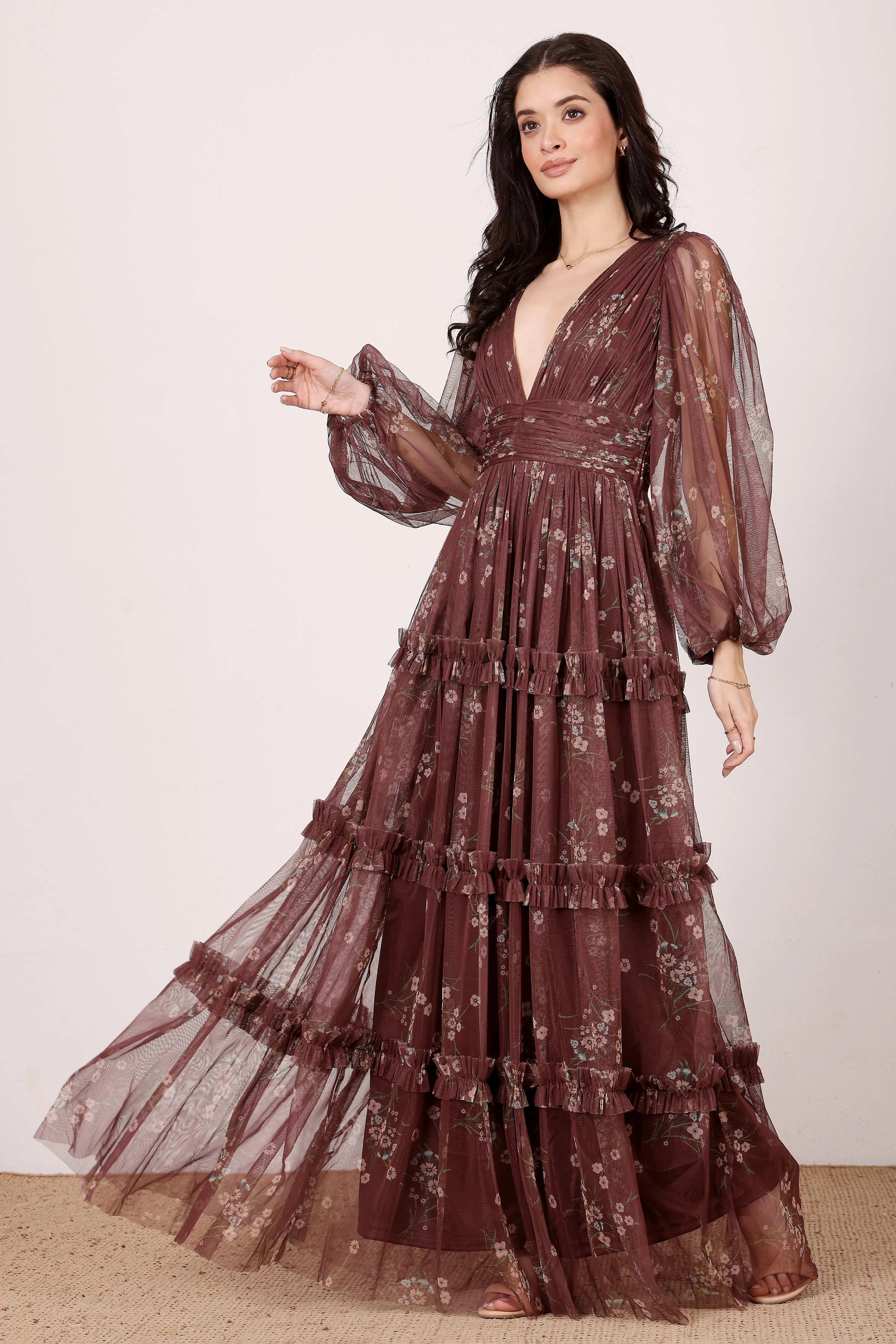 Lydia Tulle Maxi Dress in Mahogany Brown Floral sold by Lace & Beads product image thumbnail 5