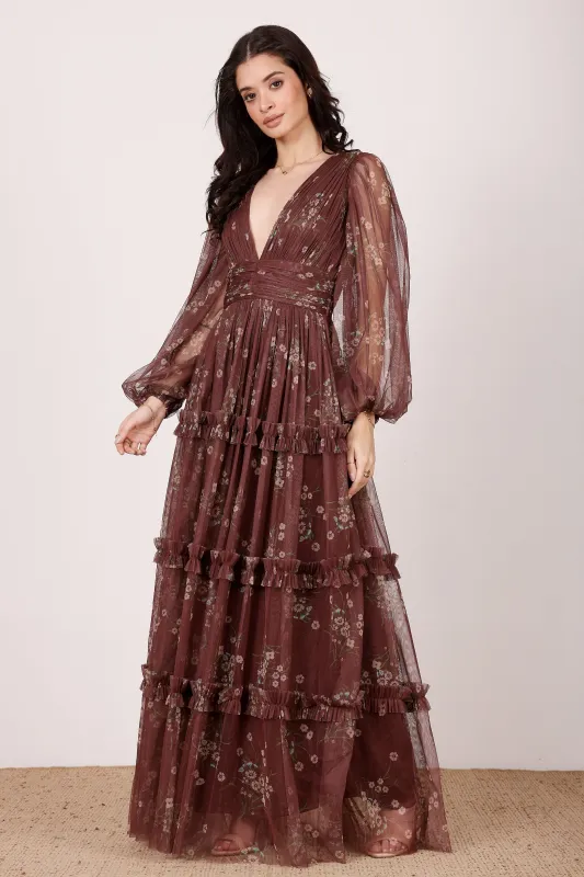 Lydia Maxi Dress in Mahogany Brown Floral sold by Lace & Beads