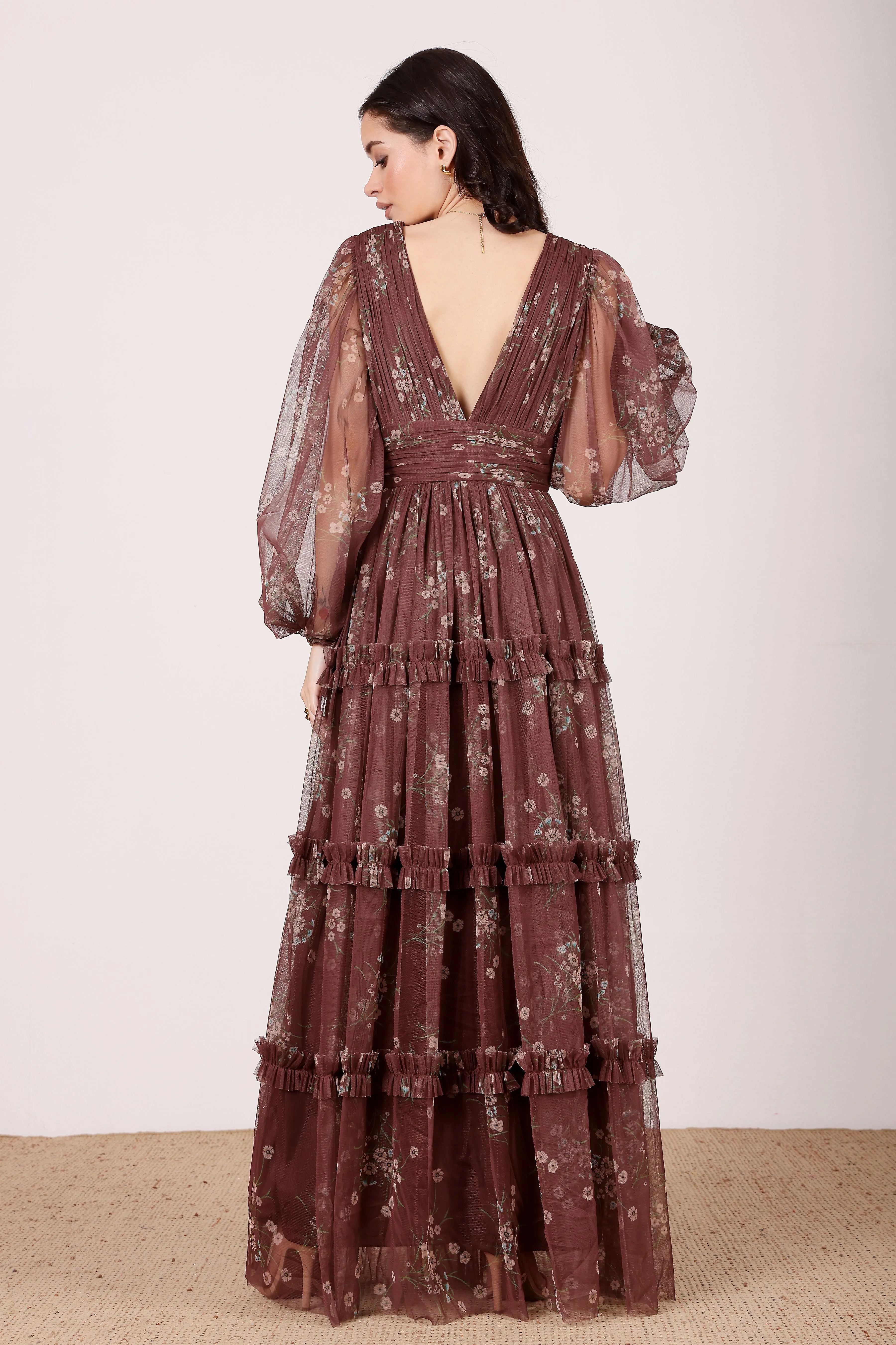 Lydia Tulle Maxi Dress in Mahogany Brown Floral sold by Lace & Beads product image thumbnail 3