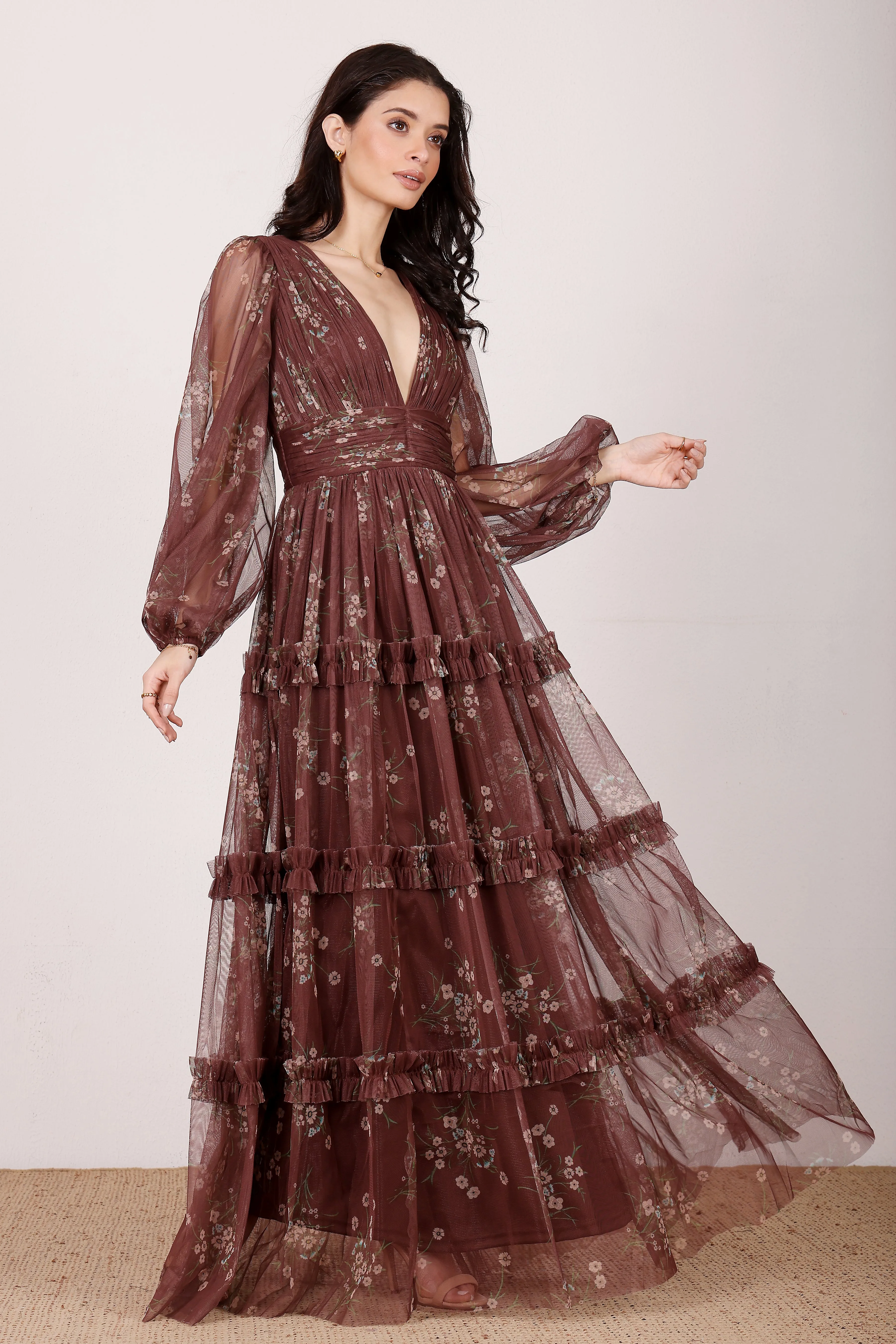 Lydia Tulle Maxi Dress in Mahogany Brown Floral sold by Lace & Beads product image thumbnail 2