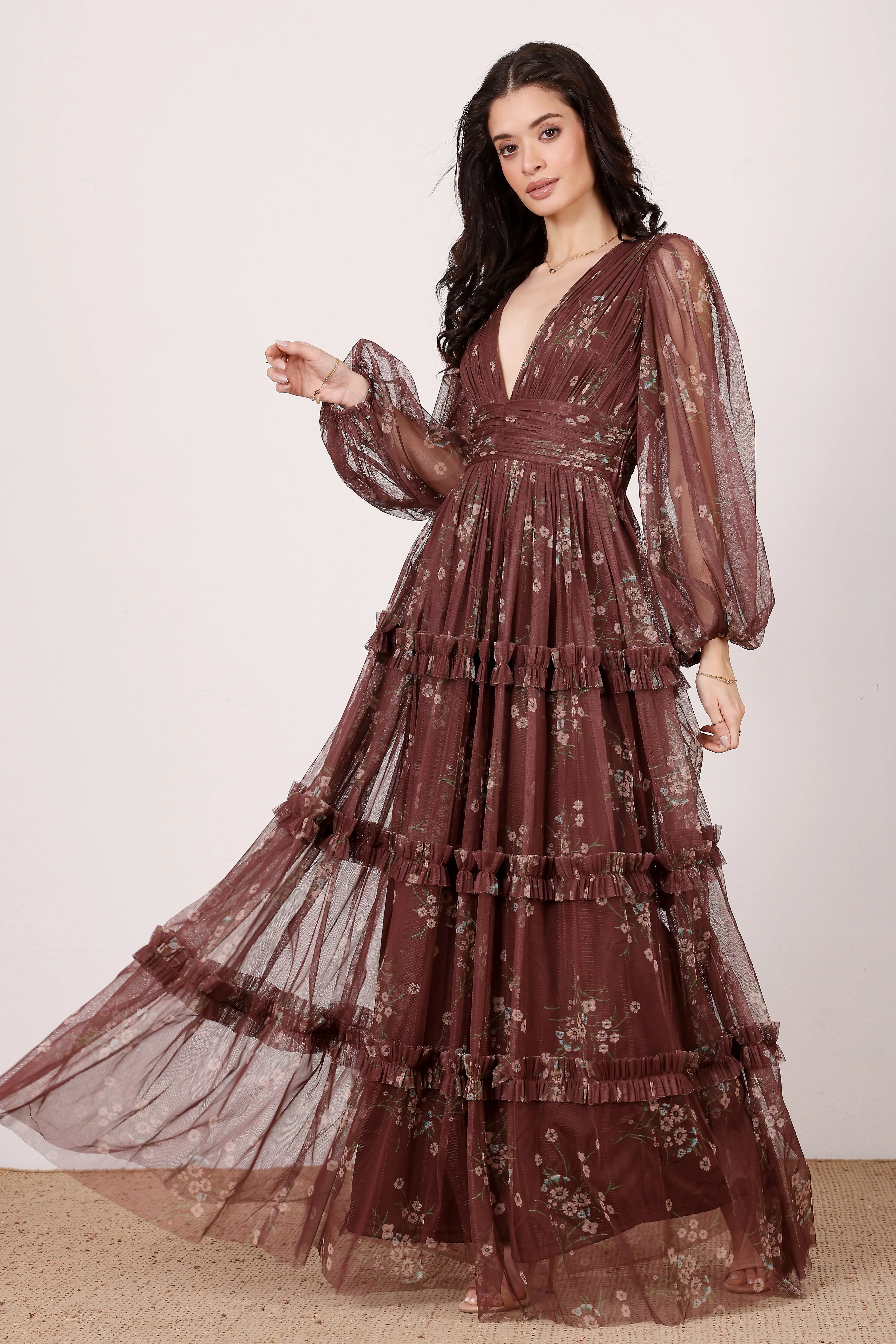 Lydia Tulle Maxi Dress in Mahogany Brown Floral sold by Lace & Beads product image thumbnail 4