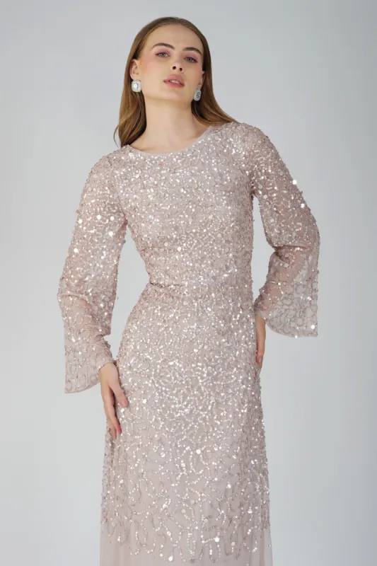 Diane Long Sleeve Embellished Maxi Dress in Mink made by Lace & Beads
