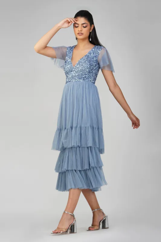 Maddie Embellished Midi in Dusty Blue sold by Lace & Beads