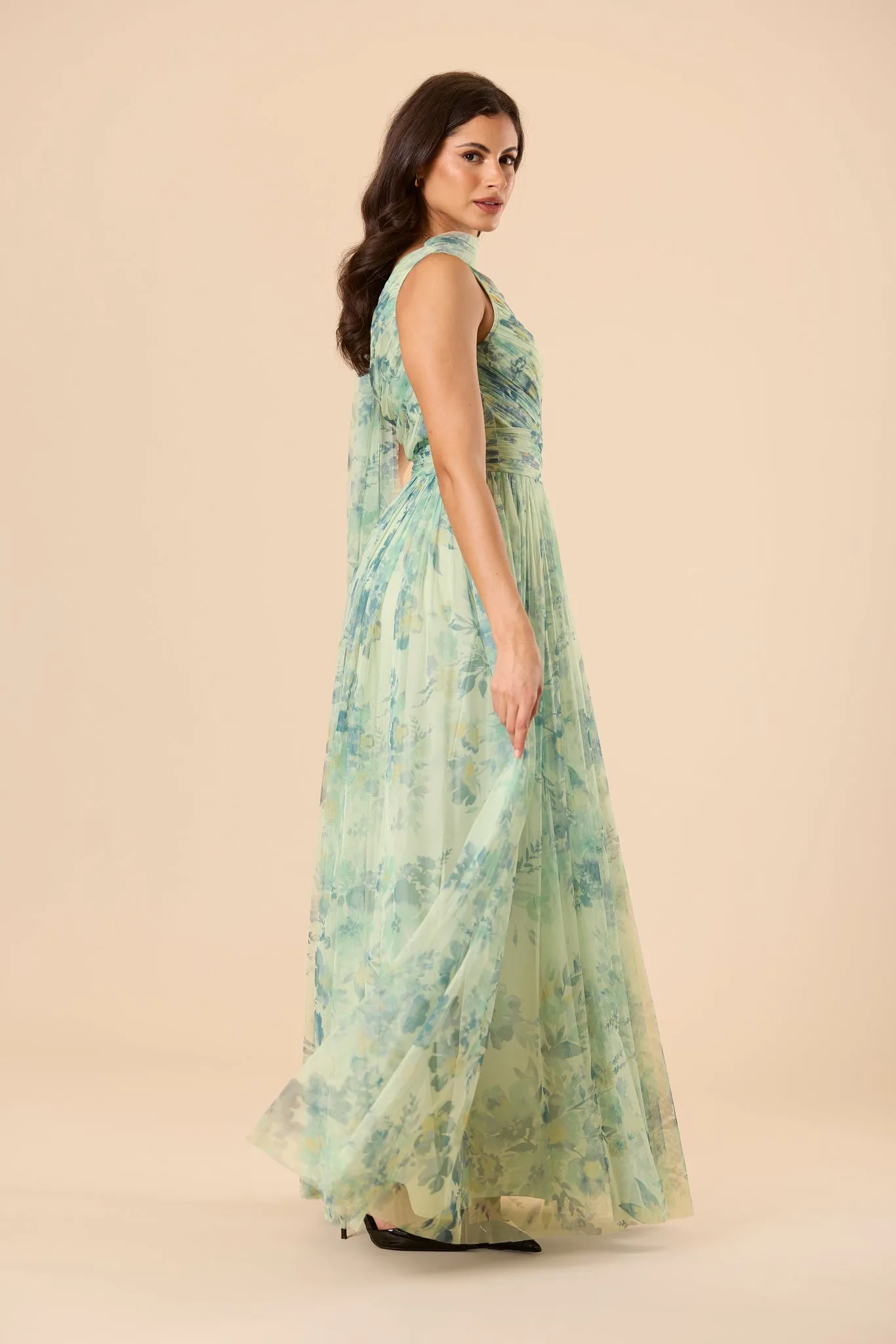 One Shoulder Tulle Maxi Dress in Light Sage Floral with Scarf sold by Lace & Beads product image thumbnail 2