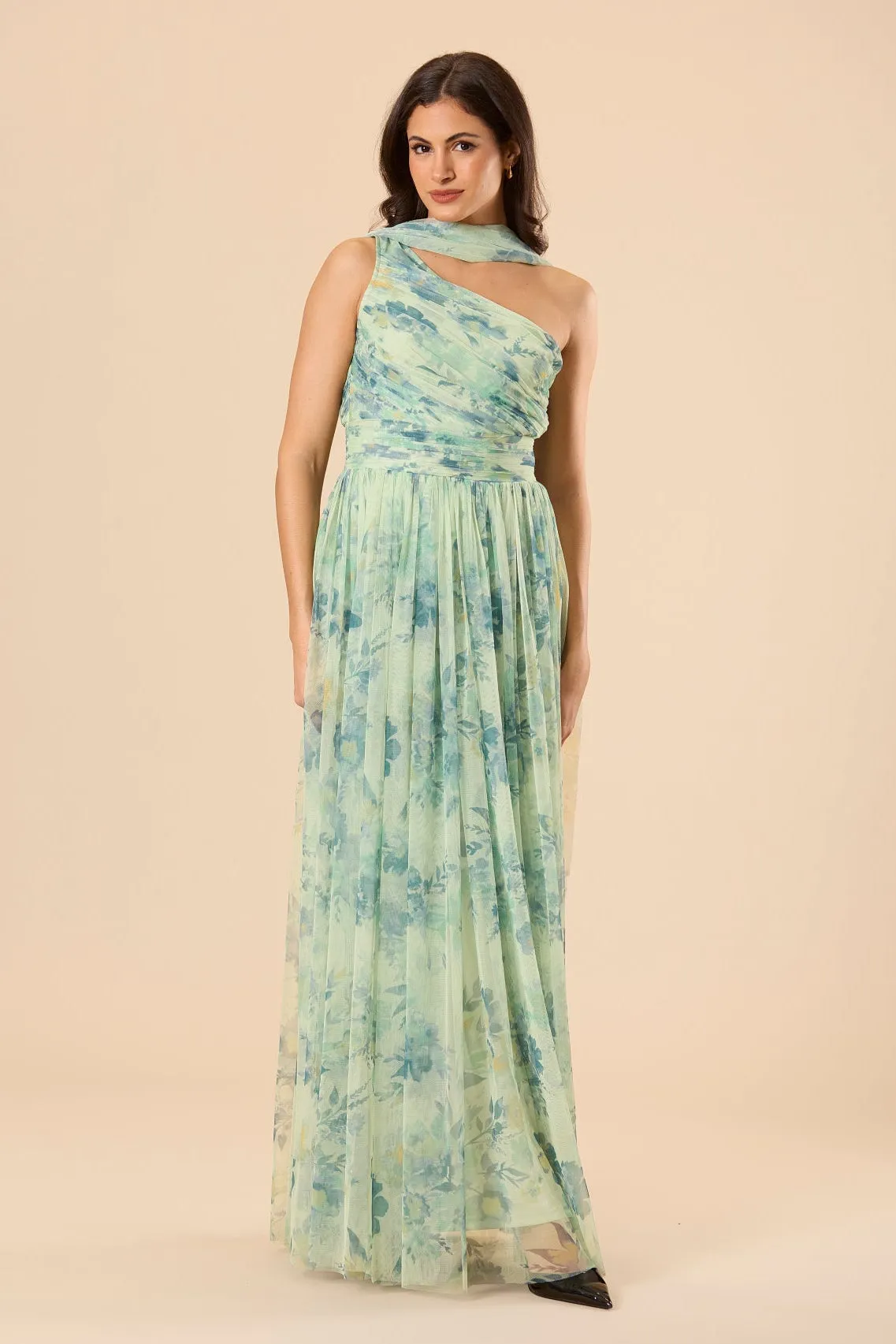 One Shoulder Tulle Maxi Dress in Light Sage Floral with Scarf sold by Lace & Beads product image thumbnail 3