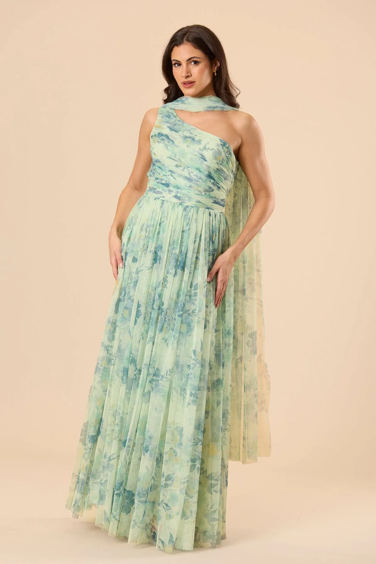 One Shoulder Tulle Maxi Dress in Light Sage Floral with Scarf sold by Lace & Beads product image thumbnail 4
