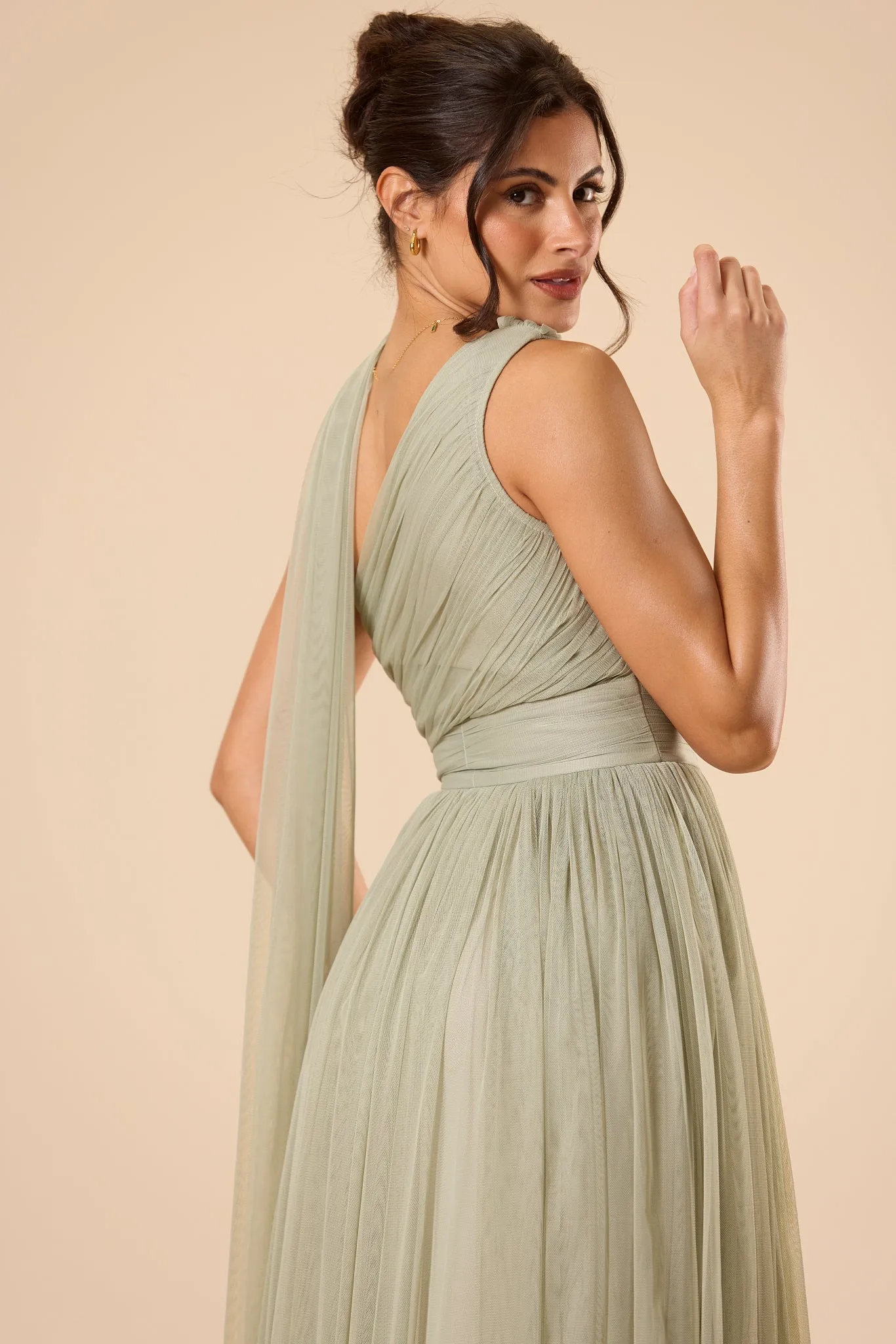 One Shoulder Tulle Maxi Dress in Dusty Sage with Scarf sold by Lace & Beads product image thumbnail 3