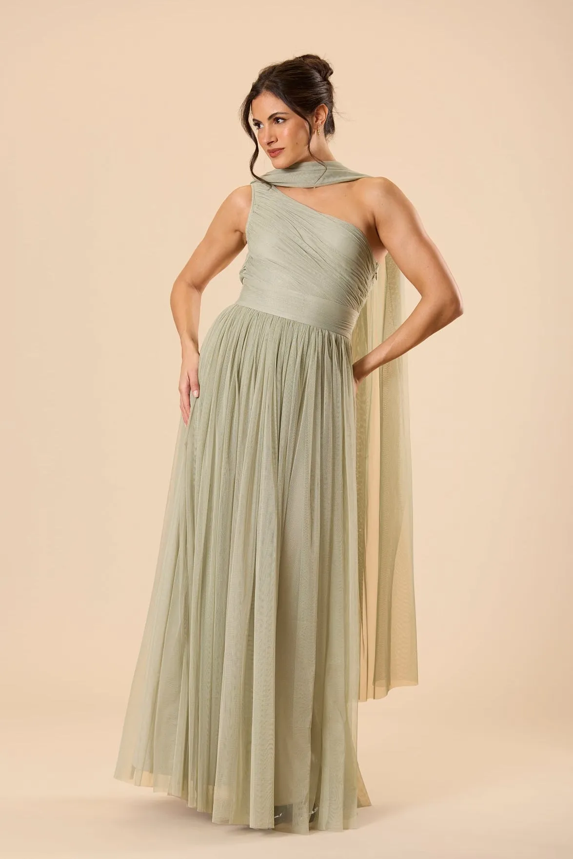 One Shoulder Tulle Maxi Dress in Dusty Sage with Scarf sold by Lace & Beads product image thumbnail 4