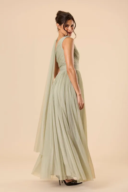 One Shoulder Tulle Maxi Dress in Dusty Sage with Scarf sold by Lace & Beads