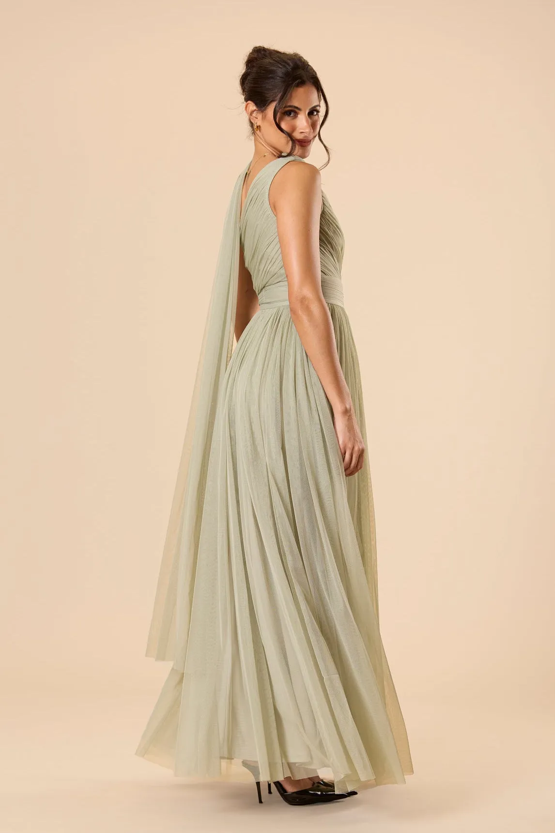 One Shoulder Tulle Maxi Dress in Dusty Sage with Scarf sold by Lace & Beads