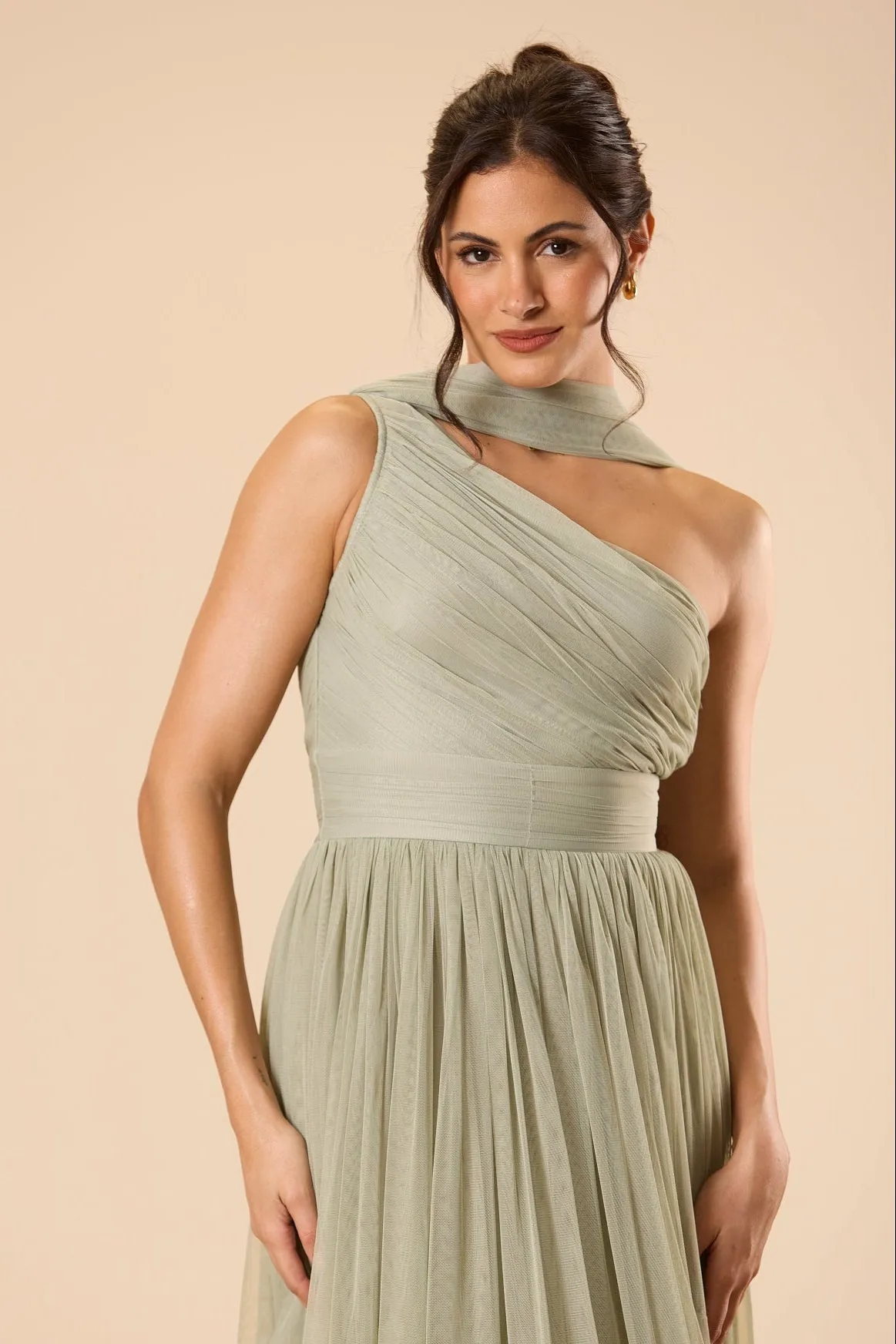 One Shoulder Tulle Maxi Dress in Dusty Sage with Scarf sold by Lace & Beads product image thumbnail 2