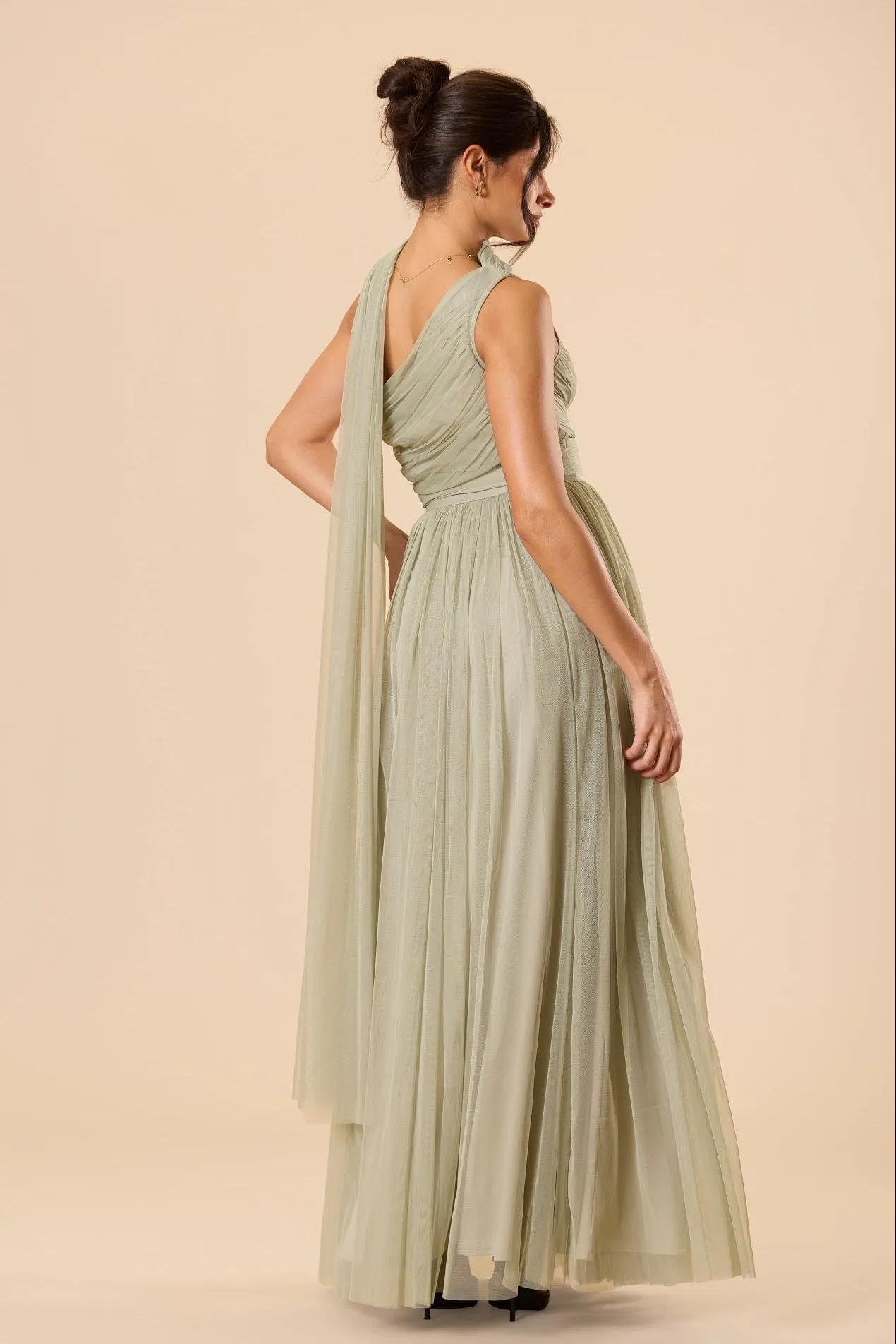 One Shoulder Tulle Maxi Dress in Dusty Sage with Scarf sold by Lace & Beads product image thumbnail 5