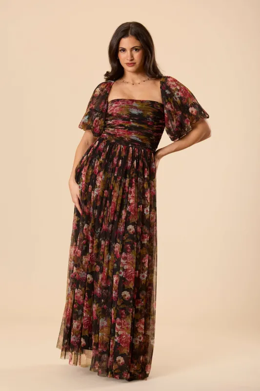 Lana Puff Sleeve Tulle Maxi Dress in Black Floral sold by Lace & Beads